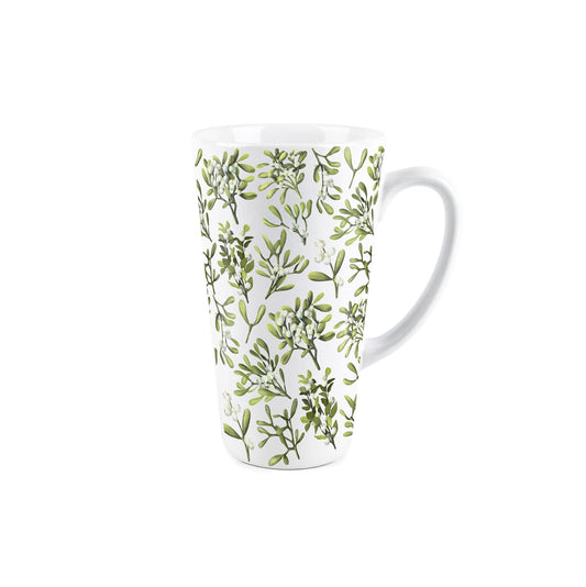Large white latte mug featuring christmas mistletoe design