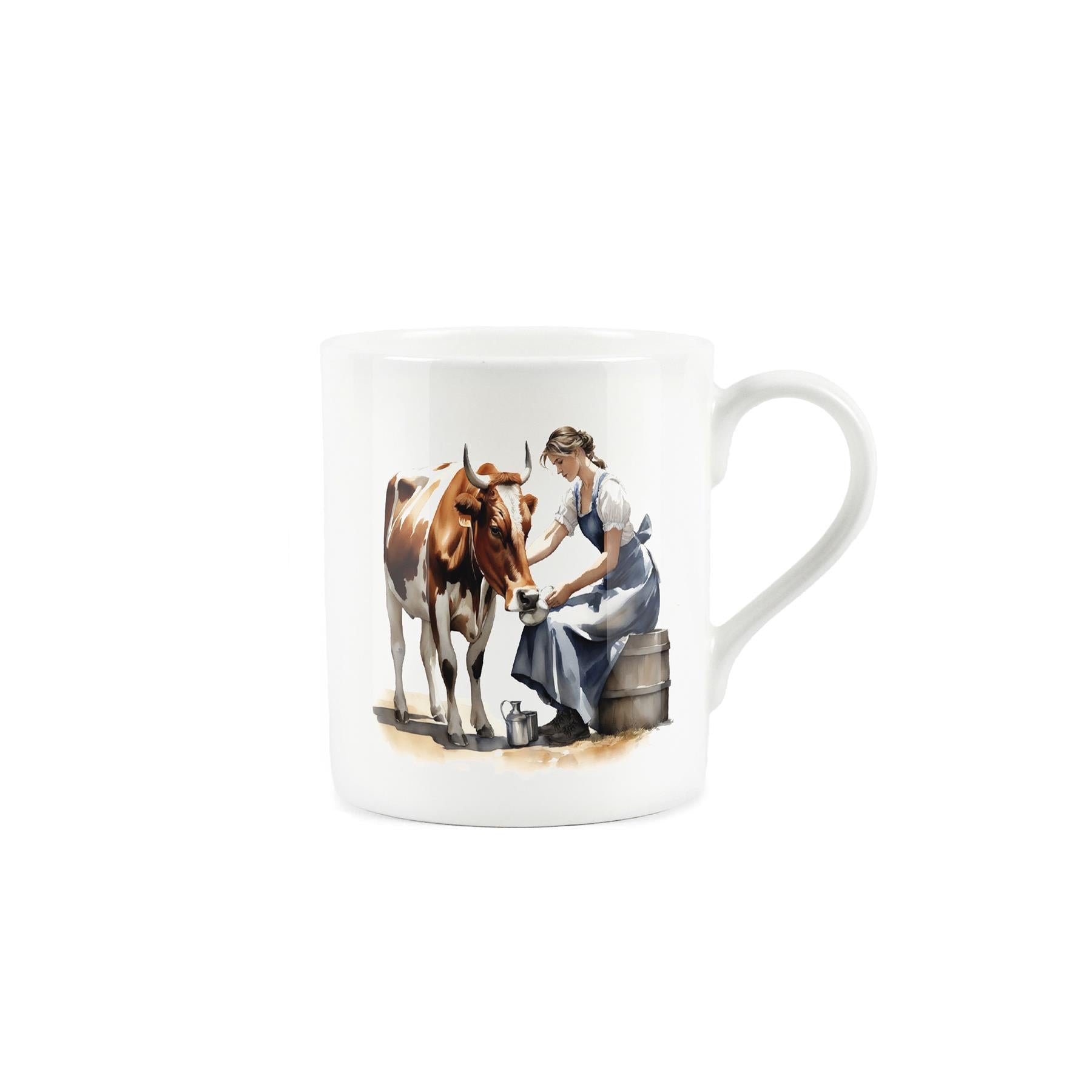White Bone china mug with woman milking cow