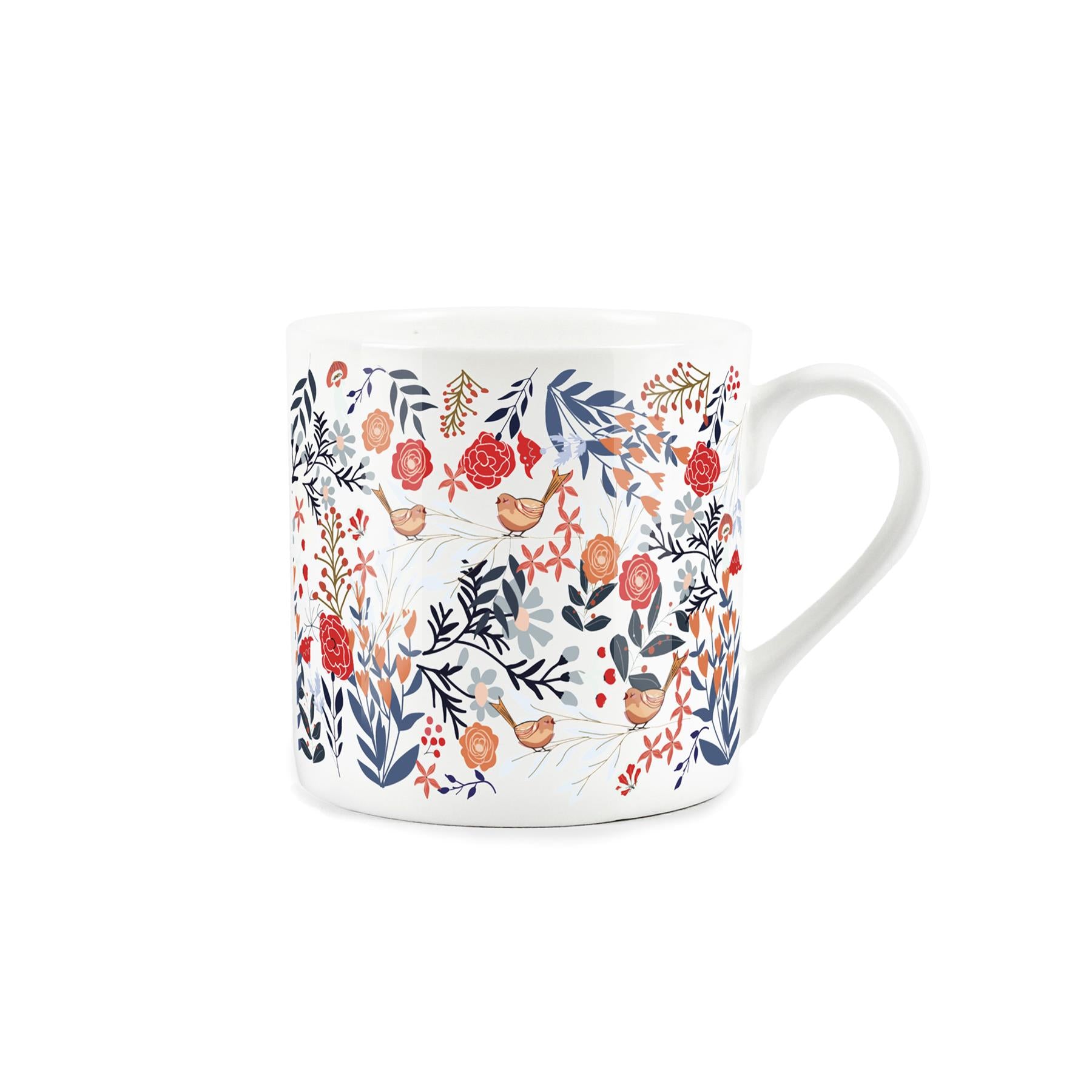 White bone china mug featuring colourful songbirds and flowers