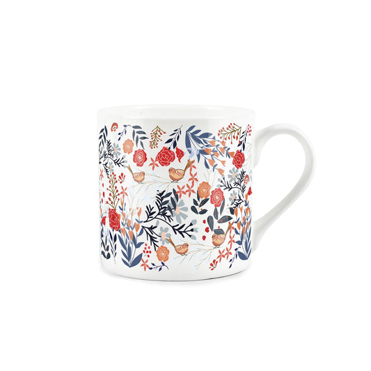 White bone china mug featuring colourful songbirds and flowers