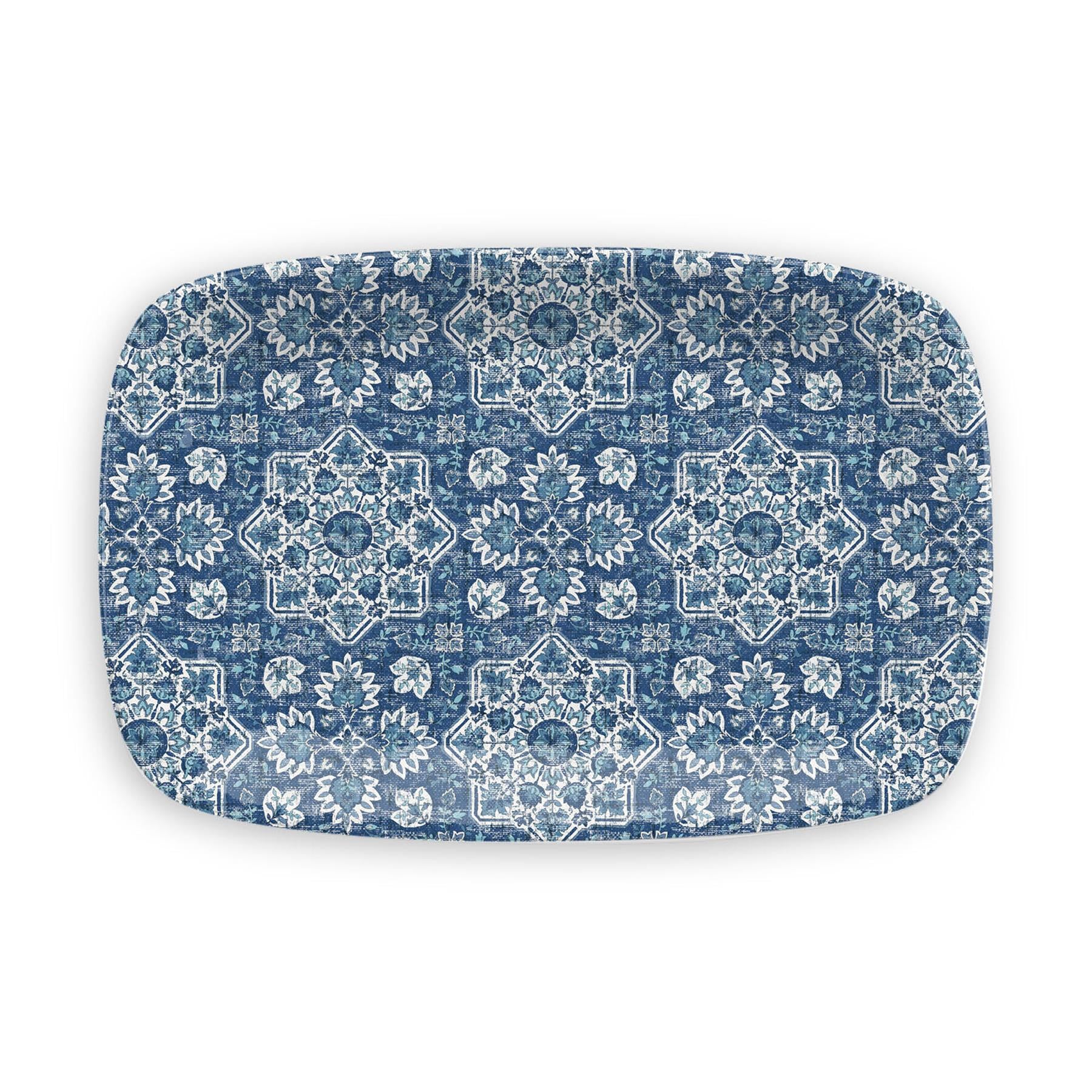 Rectangular melamine serving platter with delicate blue pattern
