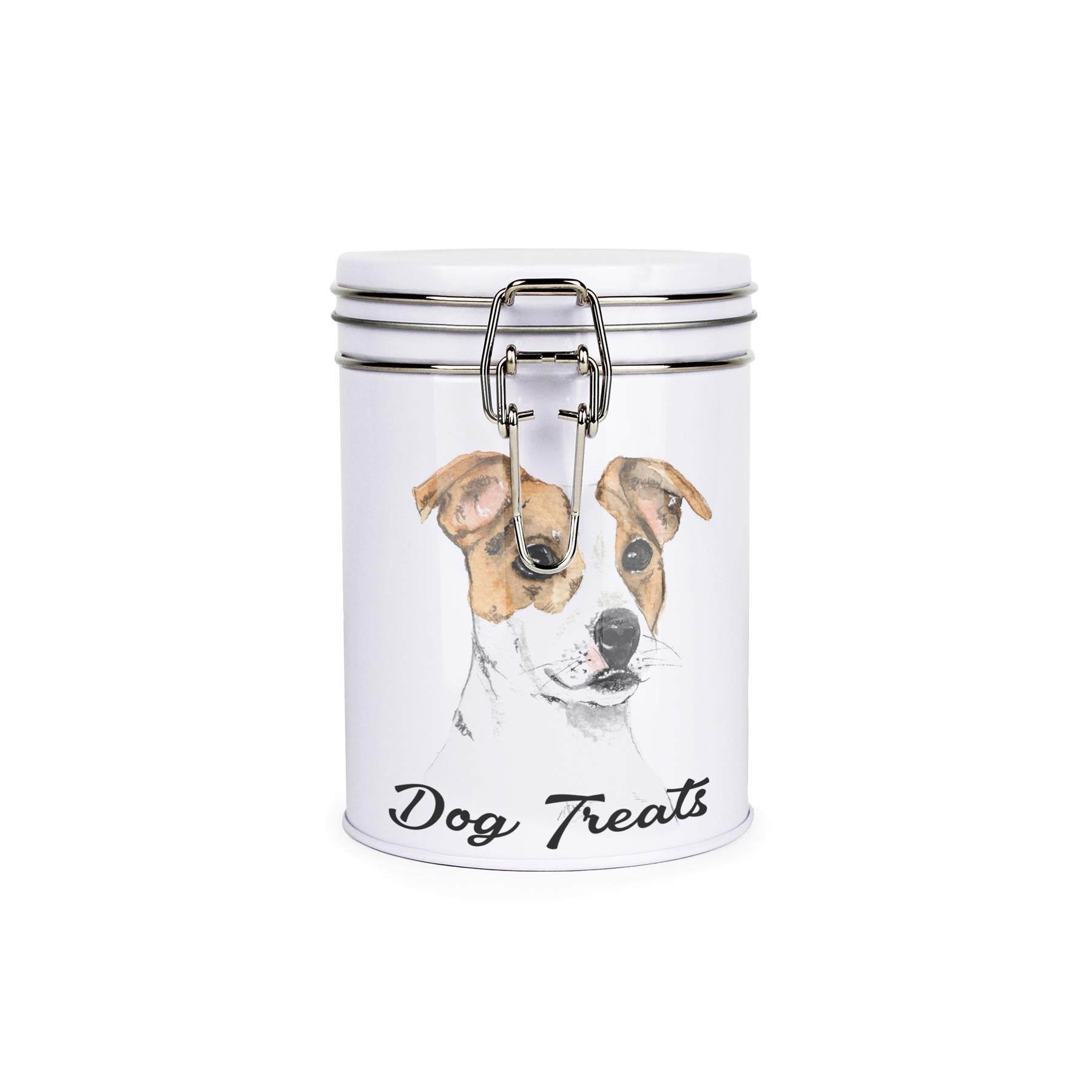 White tinplate canister with metal clip and lid featuring the face of a Jack Russell with the caption 'Dog Treats'