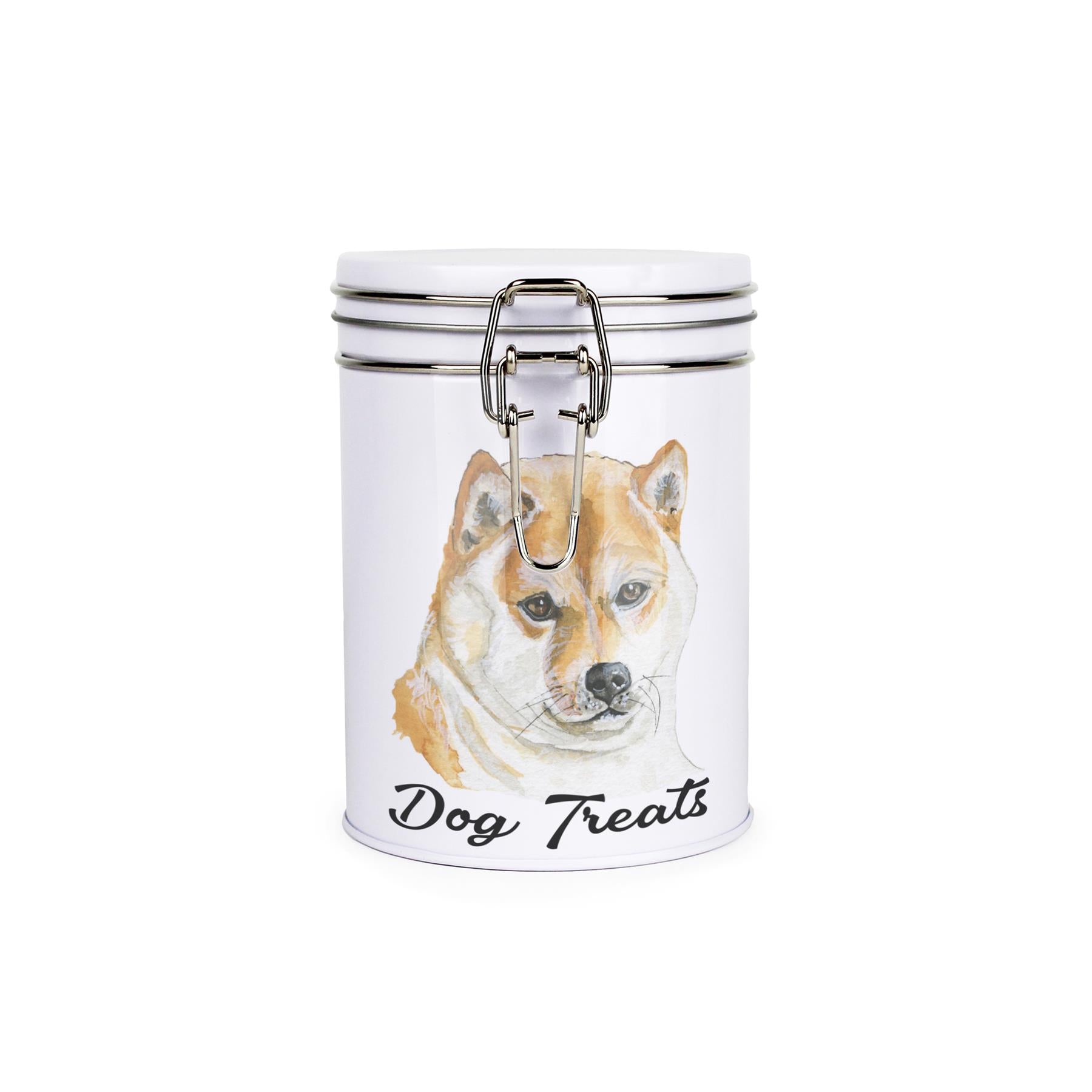 White tinplate canister with metal clip and lid featuring the face of a Shiba Inu with the caption 'Dog Treats'