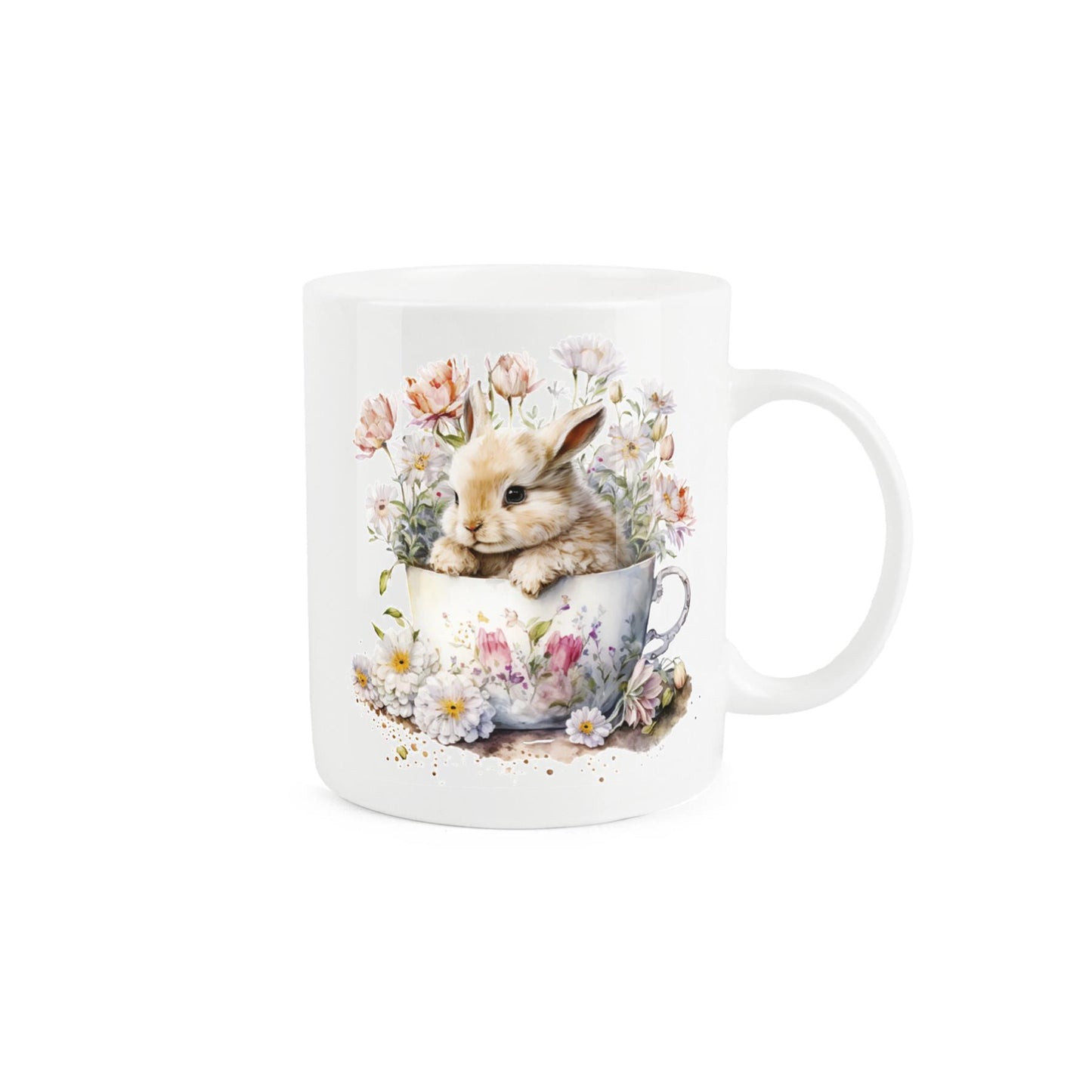 White bone china mug featuring bunny hiding in teacup filled with flowers design.