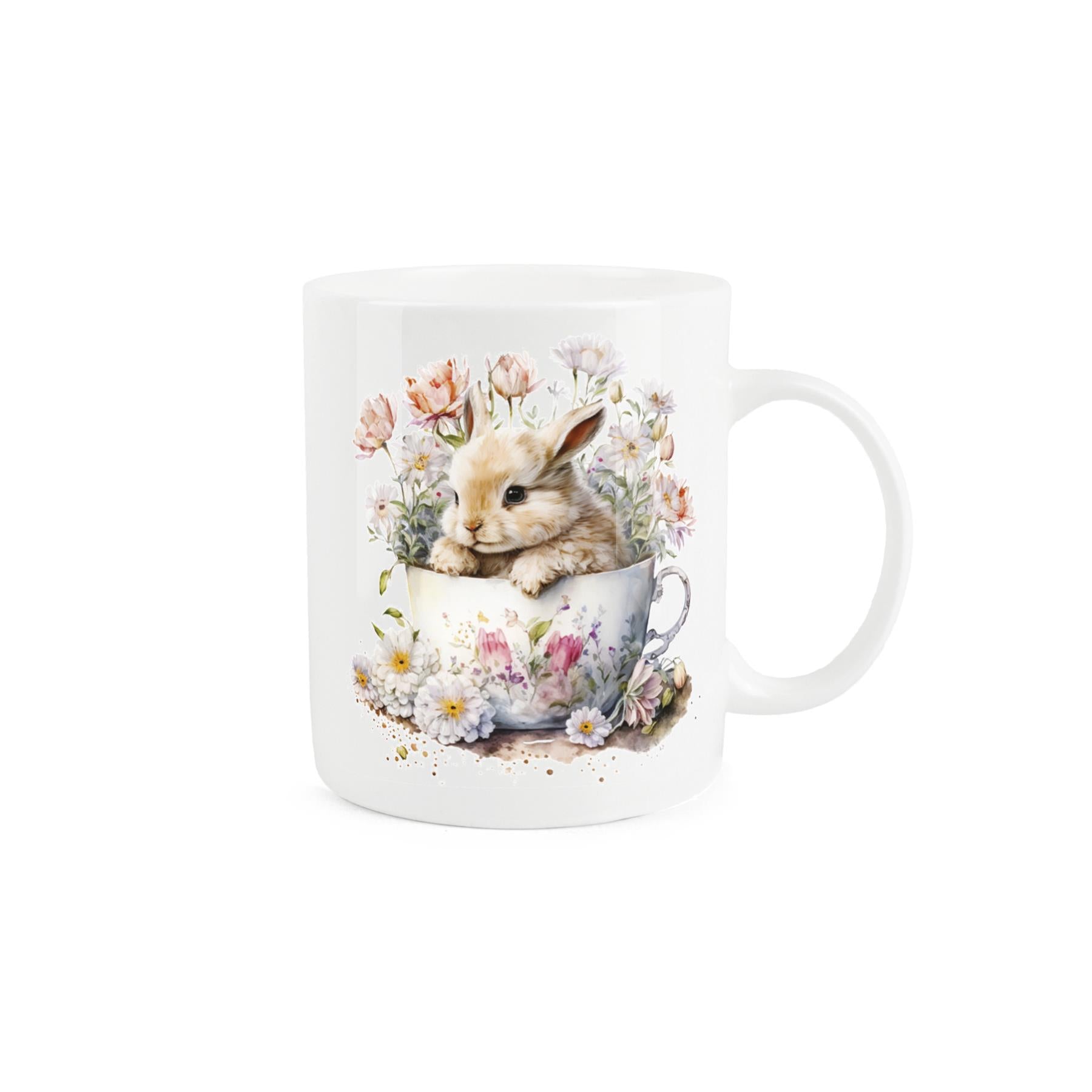 White bone china mug featuring bunny hiding in teacup filled with flowers design.