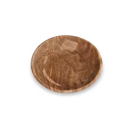 Lightweight melamine saucer with rustic wood-effect design. Dishwasher safe, break resistant, with non-skid silicone base.