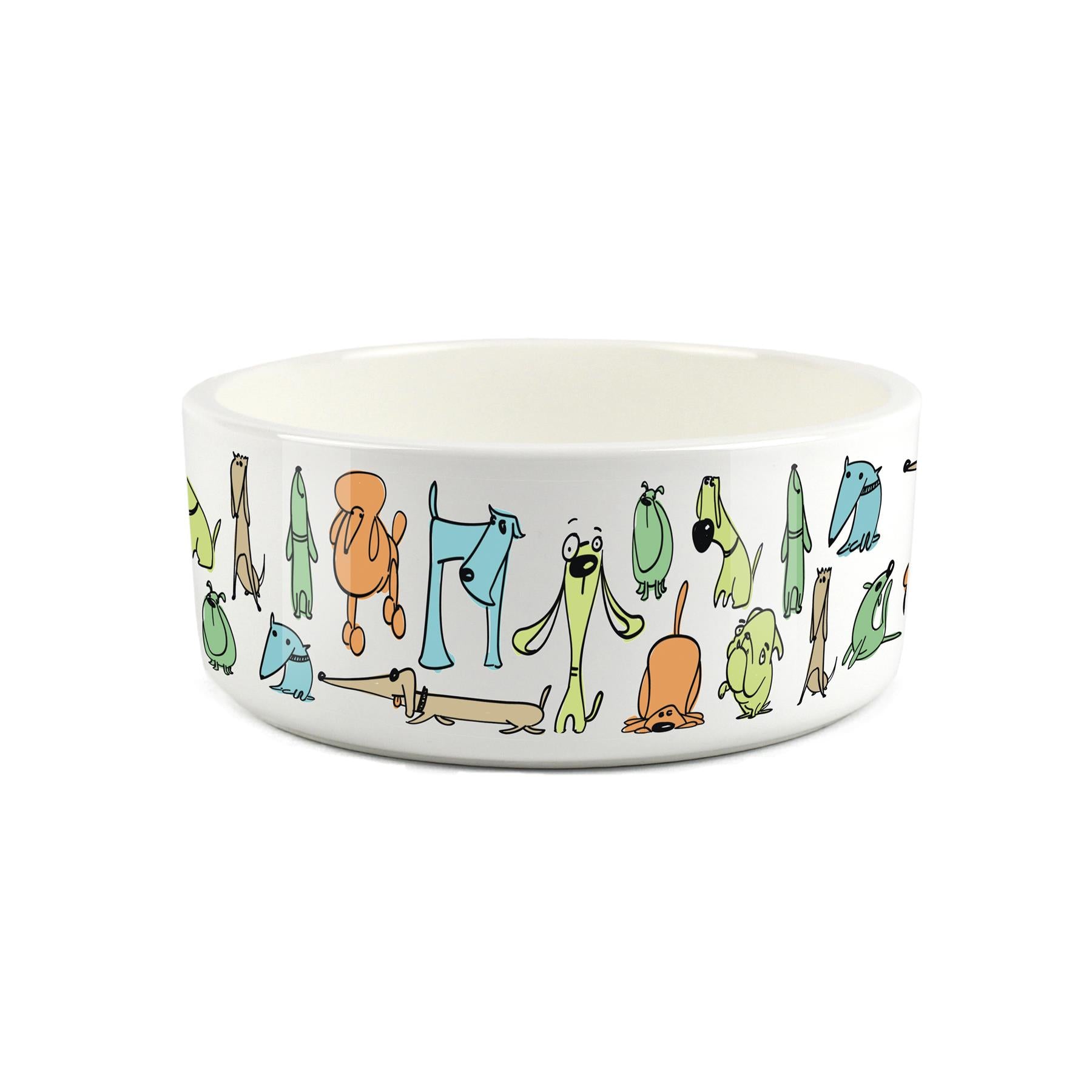 Large ceramic white pet bowl with quirky colourful dog characters printed on.