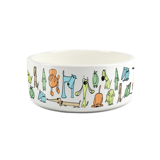 Large ceramic white pet bowl with quirky colourful dog characters printed on.