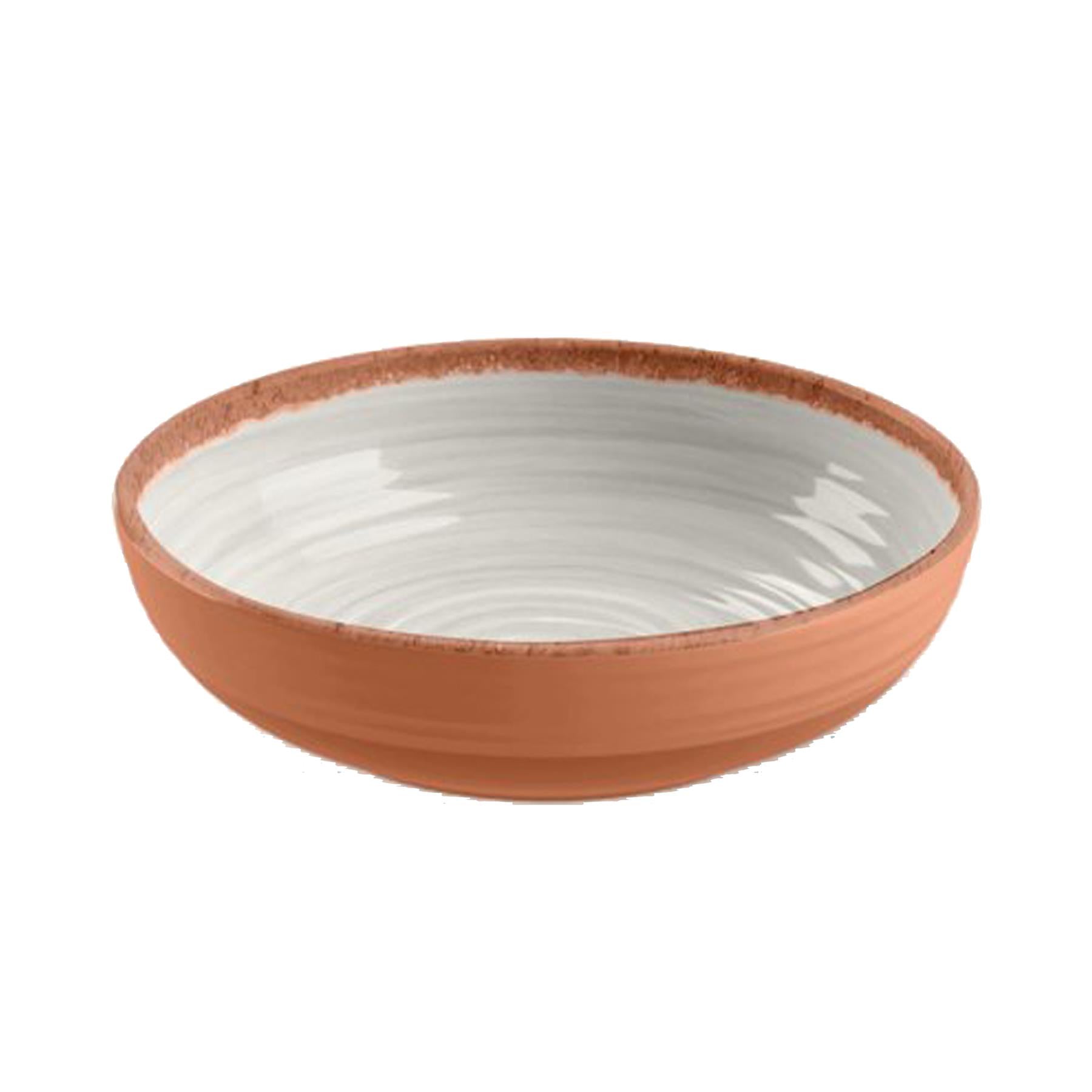 Melamine Low Bowl featuring vibrant Ivory swirl design and terracotta exterior and rim