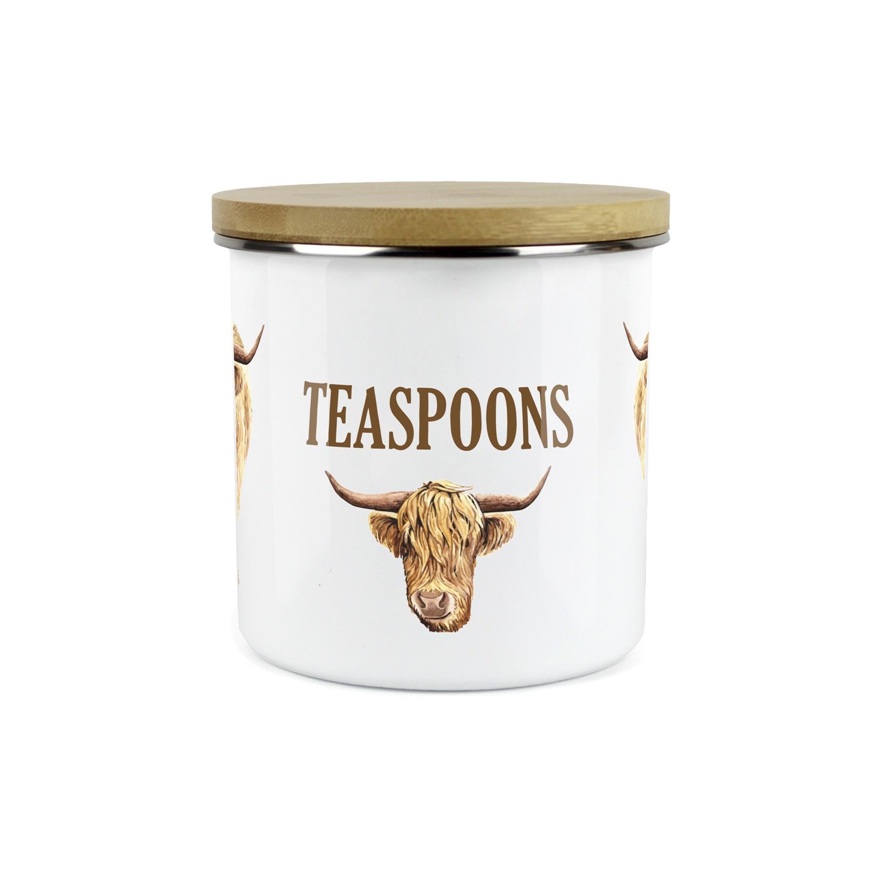 Teaspoons Highland Cow Storage Canister - Enamel & Bamboo Kitchen Storage Jar