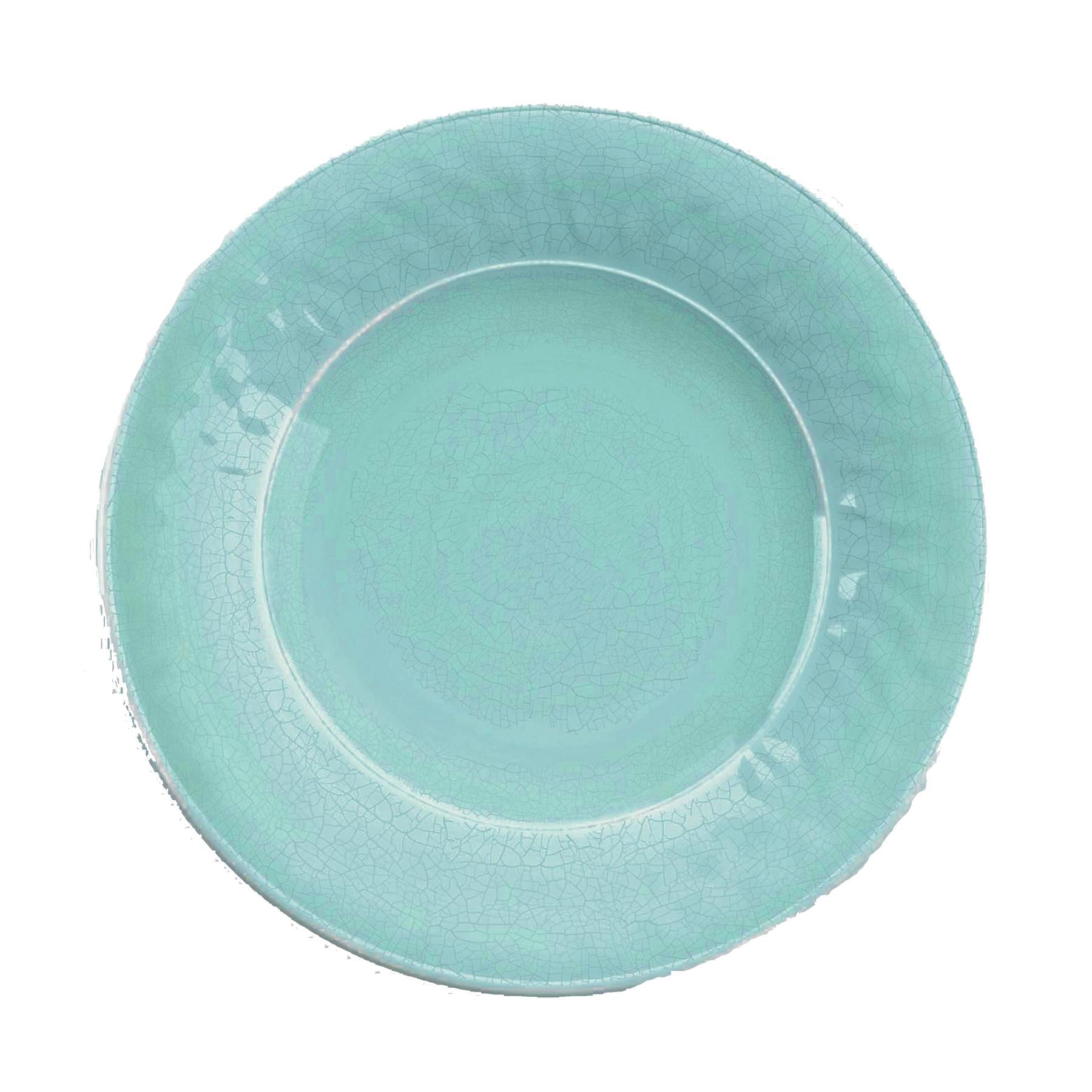Turquoise melamine dinner plate with crackle glaze finish.