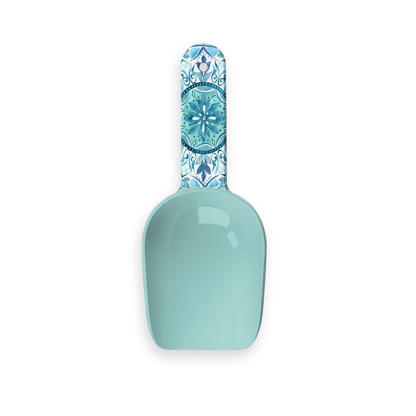 Gibraltar pet scoop with blue and teal floral design.