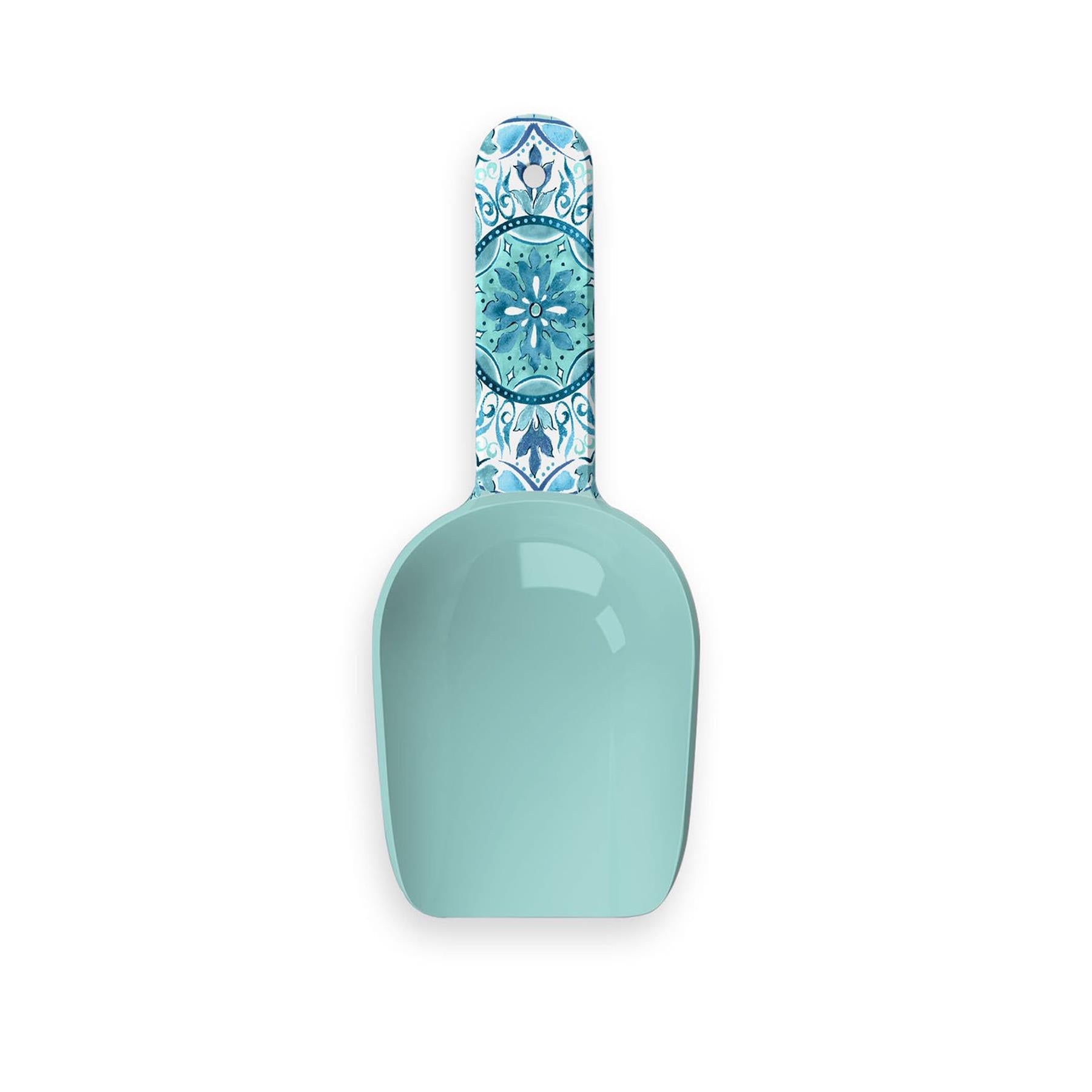 Gibraltar pet scoop with blue and teal floral design.