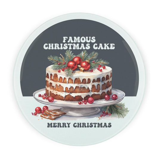 Personalisable round glass worktop protector with Christmas cake image