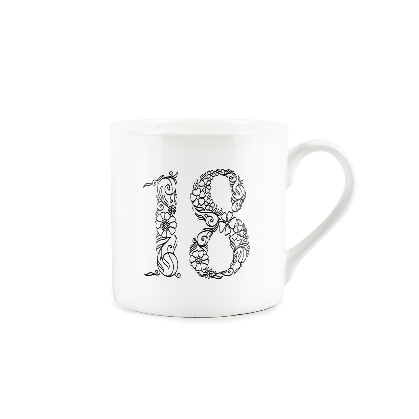 White bone china mug featuring number 18 in black floral line drawing