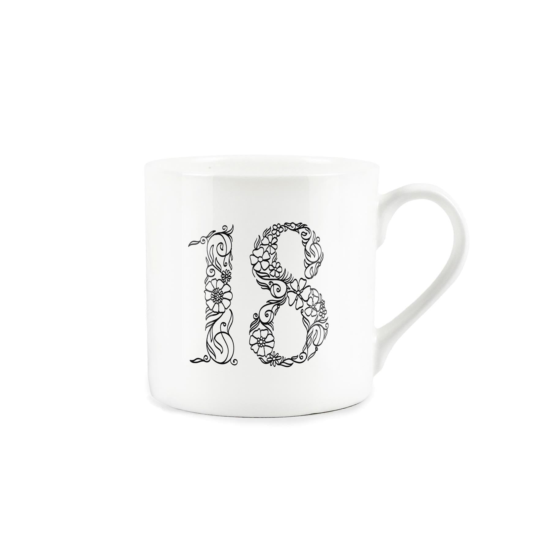 White bone china mug featuring number 18 in black floral line drawing