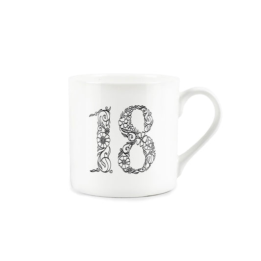 White bone china mug featuring number 18 in black floral line drawing