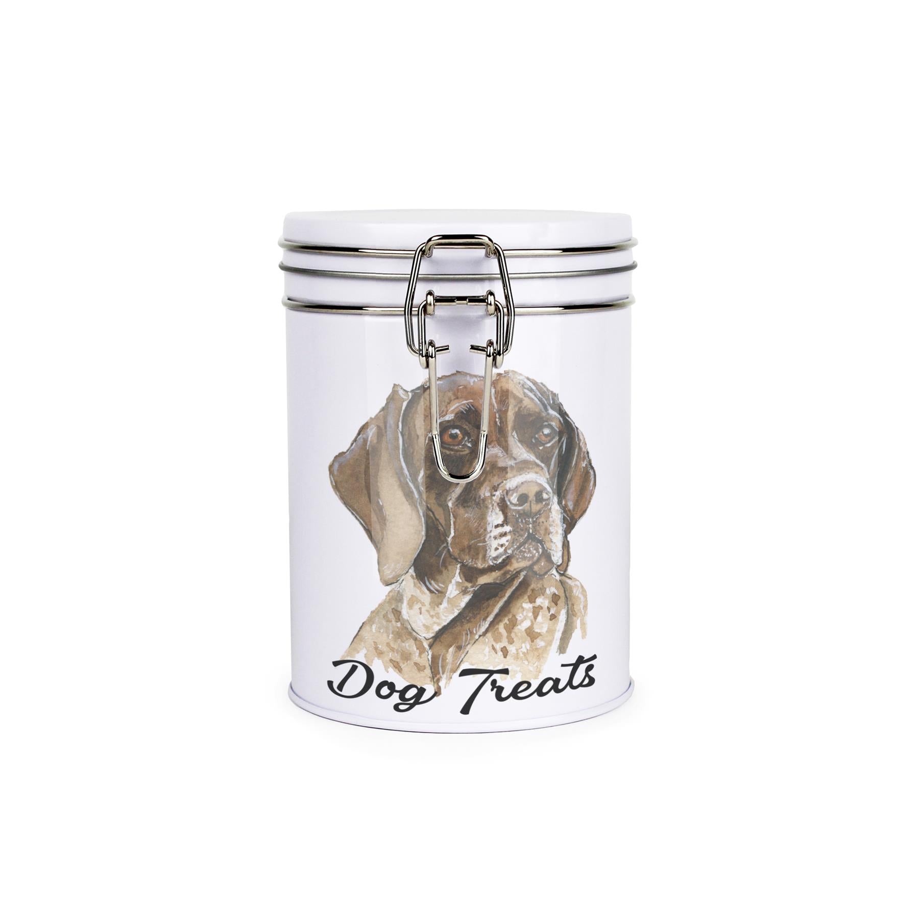 White tinplate canister with metal clip and lid featuring the face of a German Pointer with the caption 'Dog Treats'