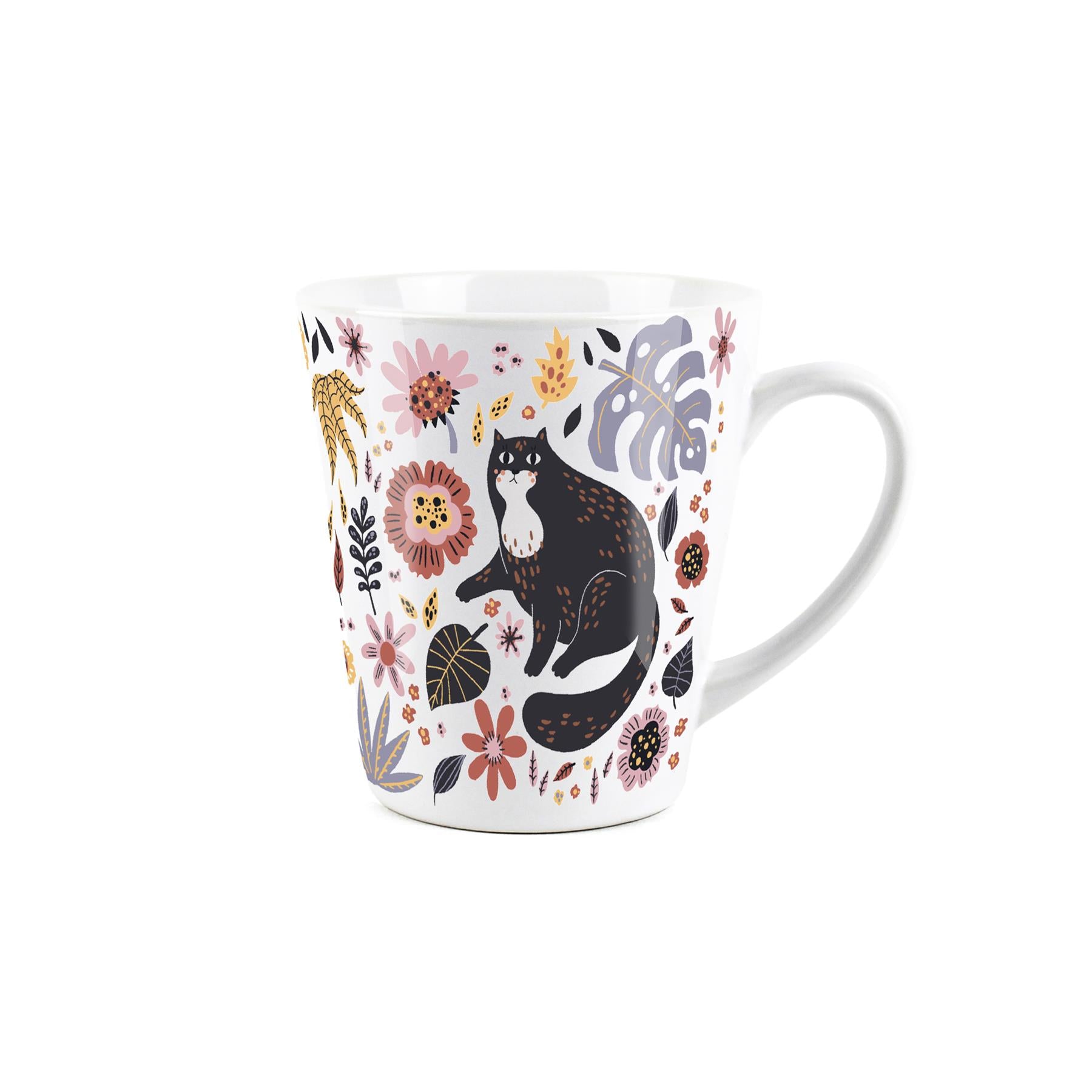 Small white latte mug featuring boho cat design