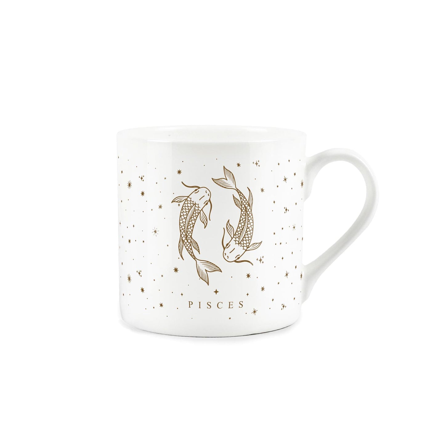 White bone china mug featuring golden stars a captivating Pisces zodiac design