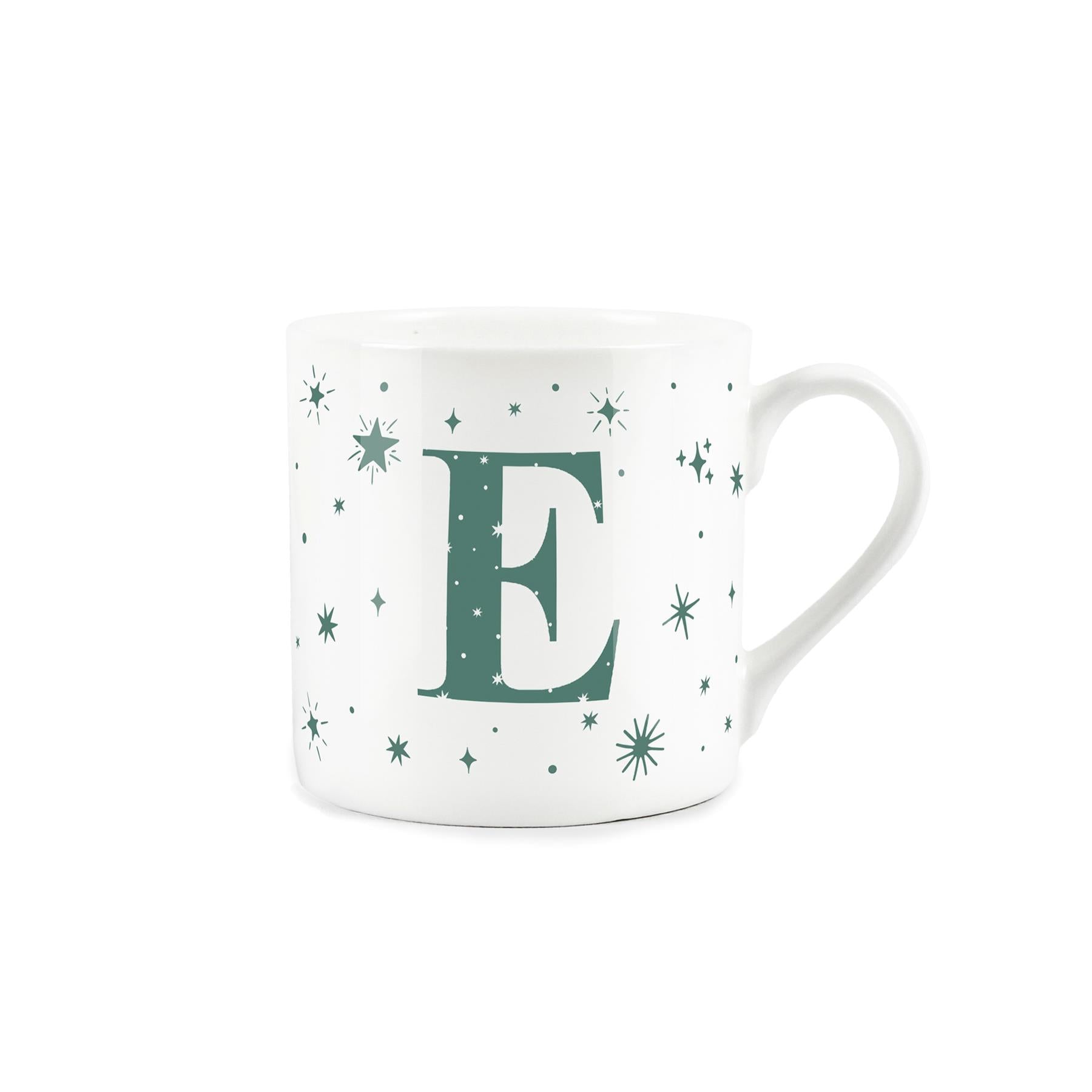 White bone china mug with green stars and letter 'E' alphabet design