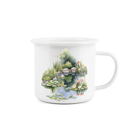 Garden pond enamel mug with a quote from Claude Monet, showcasing a vibrant design.