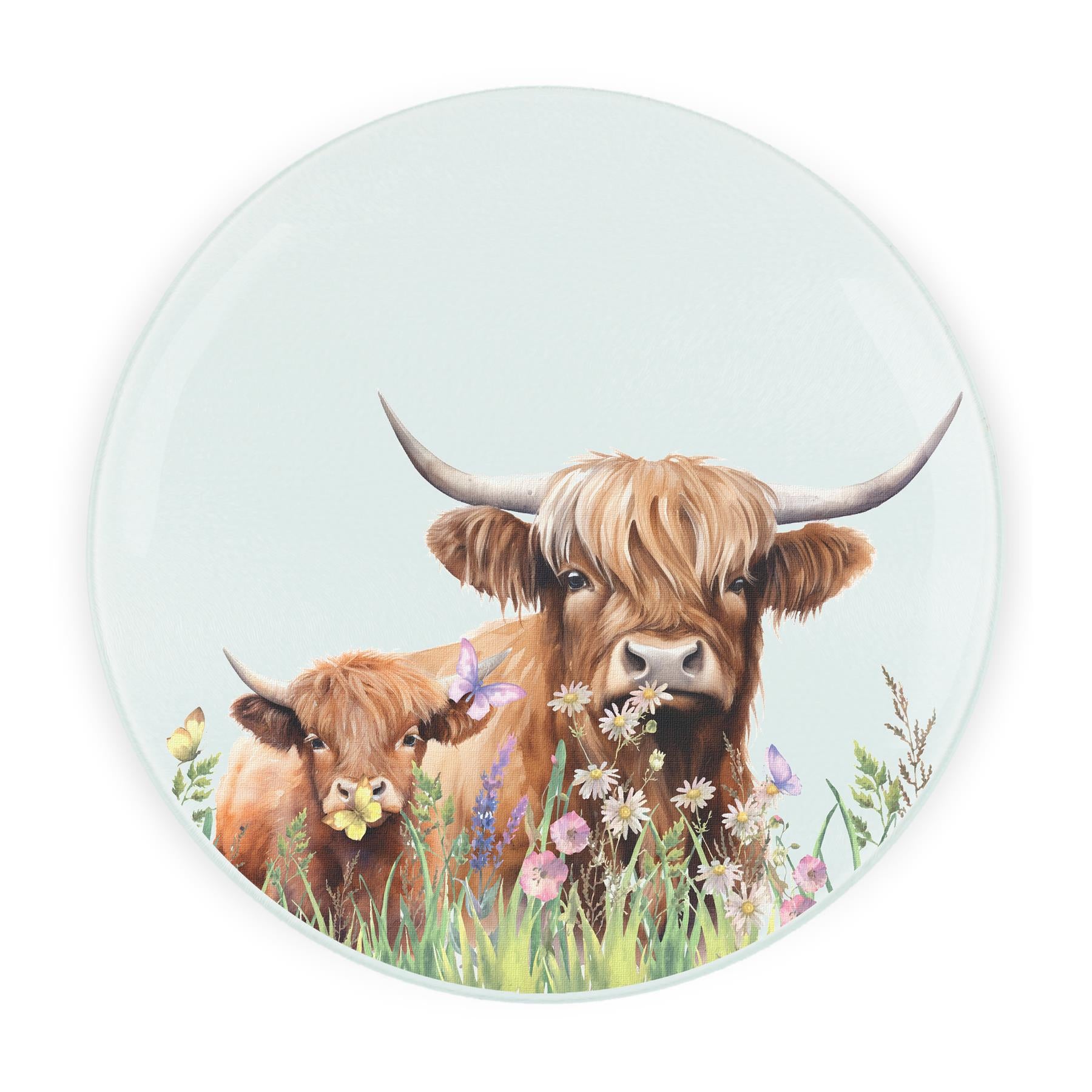 Round glass worktop protector with highland cow and calf design