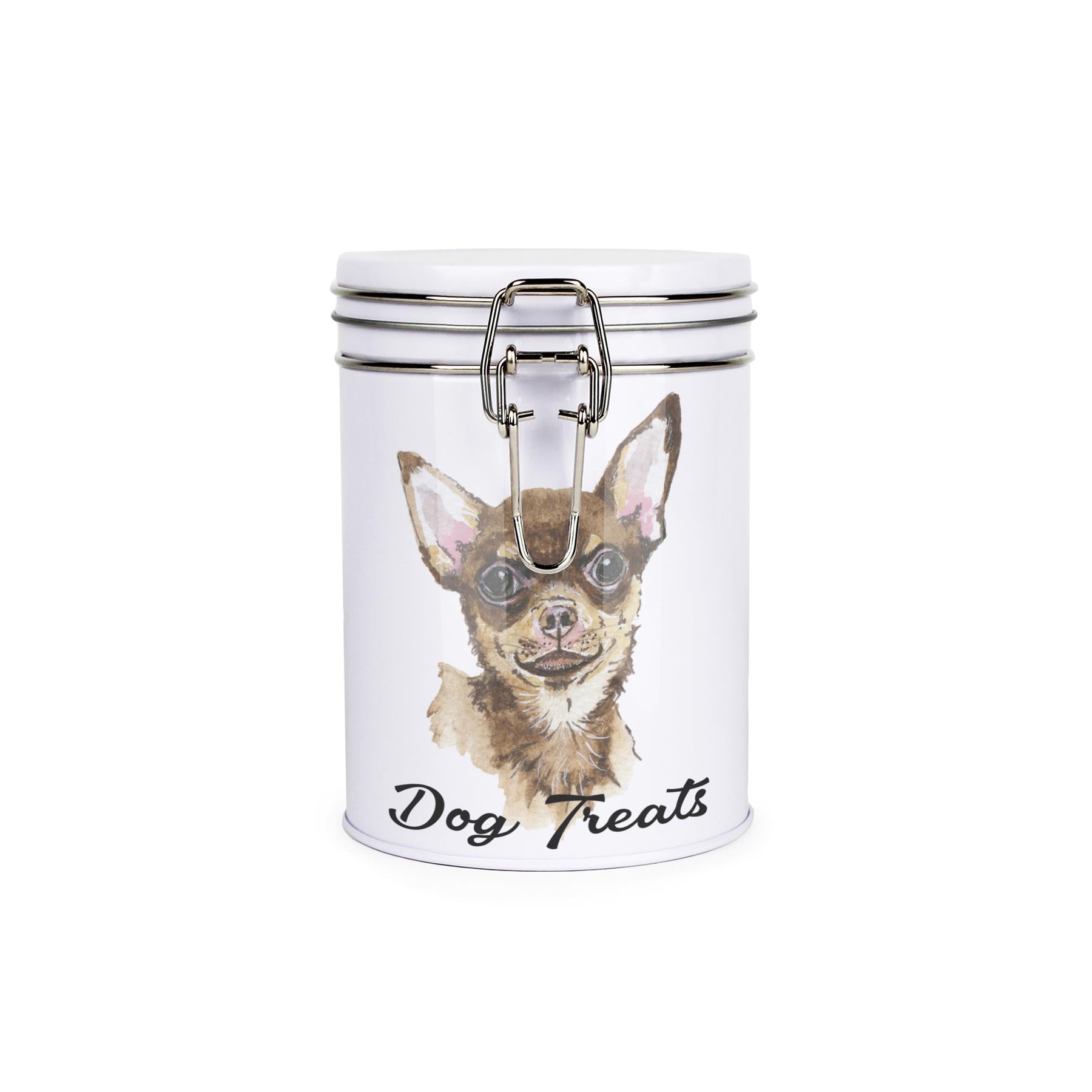 White tinplate canister with metal clip and lid featuring the face of a Chihuahua with the caption 'Dog Treats'