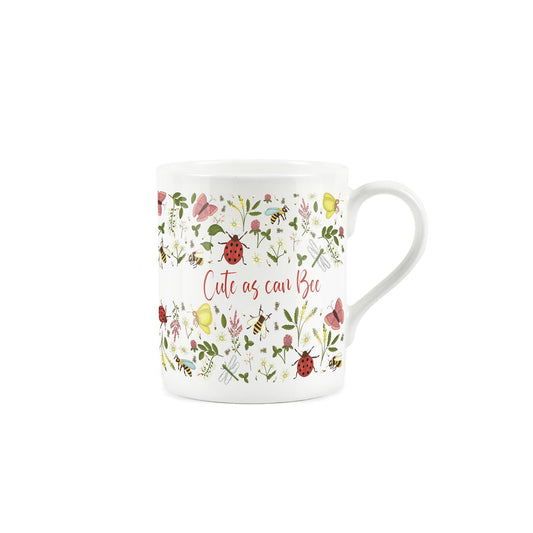 Colourful insect design featuring 'Cute as can bee' text on a white bone china mug from purely home.