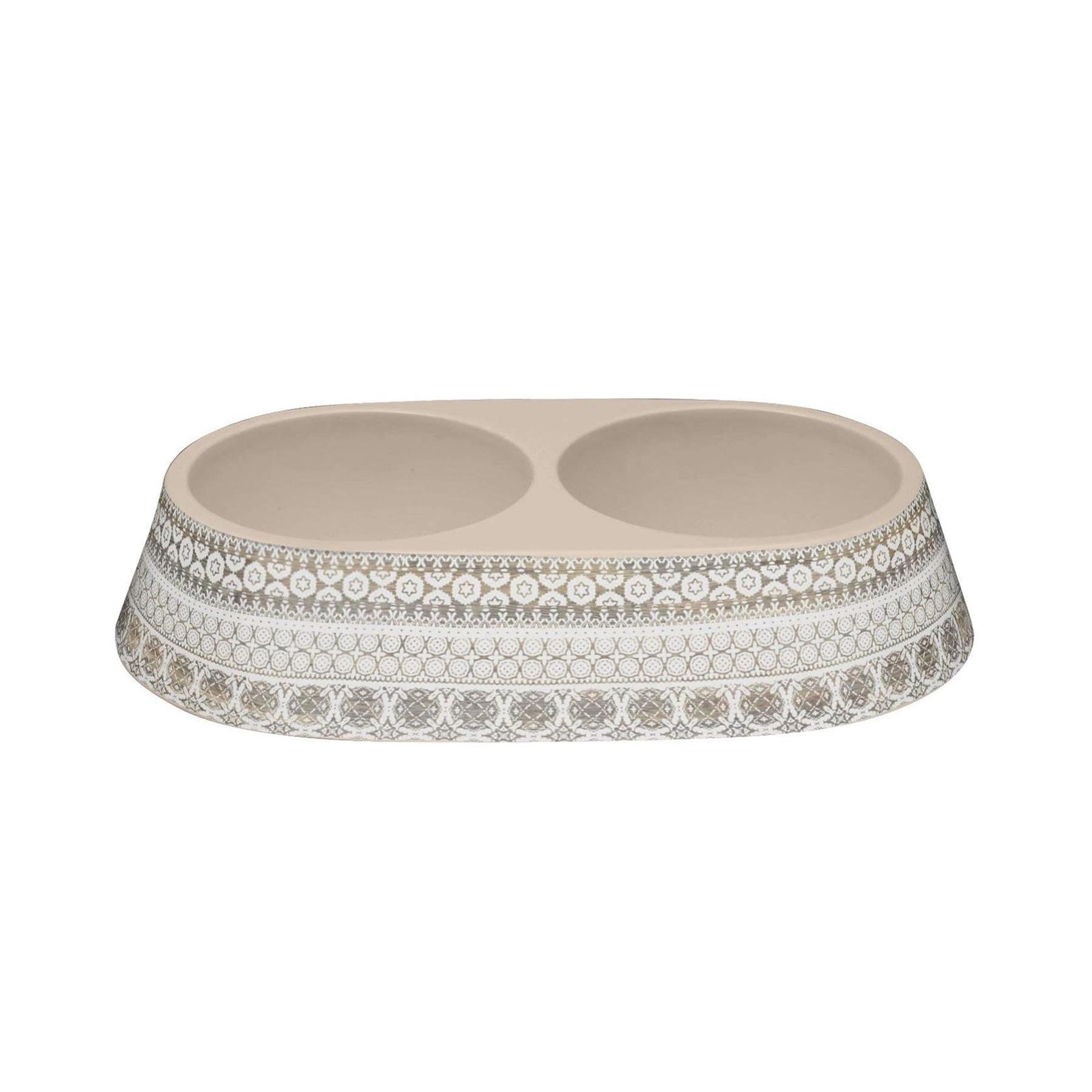 Lightweight melamine Moroccan Wood double pet bowl with white Moroccan print on wooden-effect background.