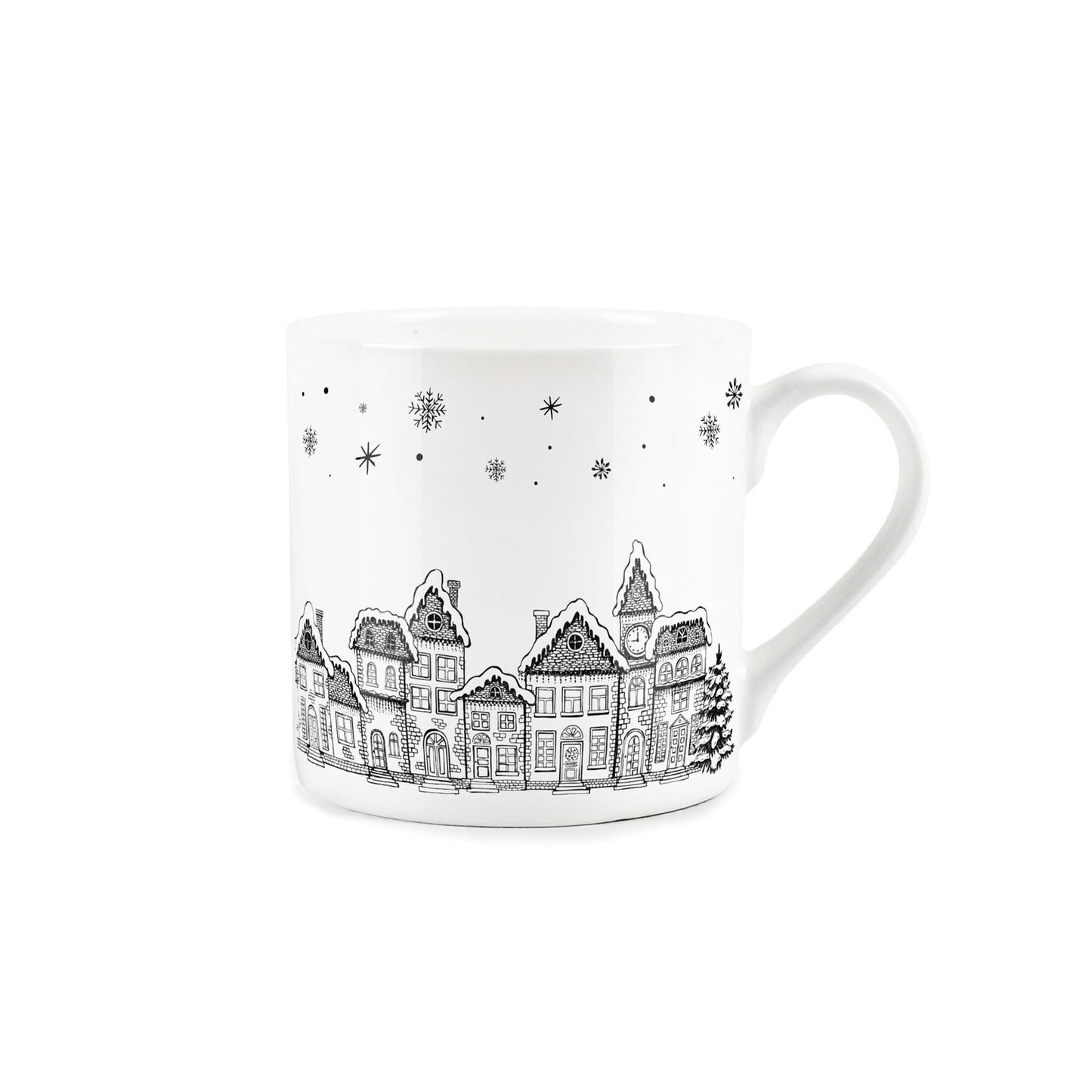 Sturdy Bone china mug featuring printed christmas village design
