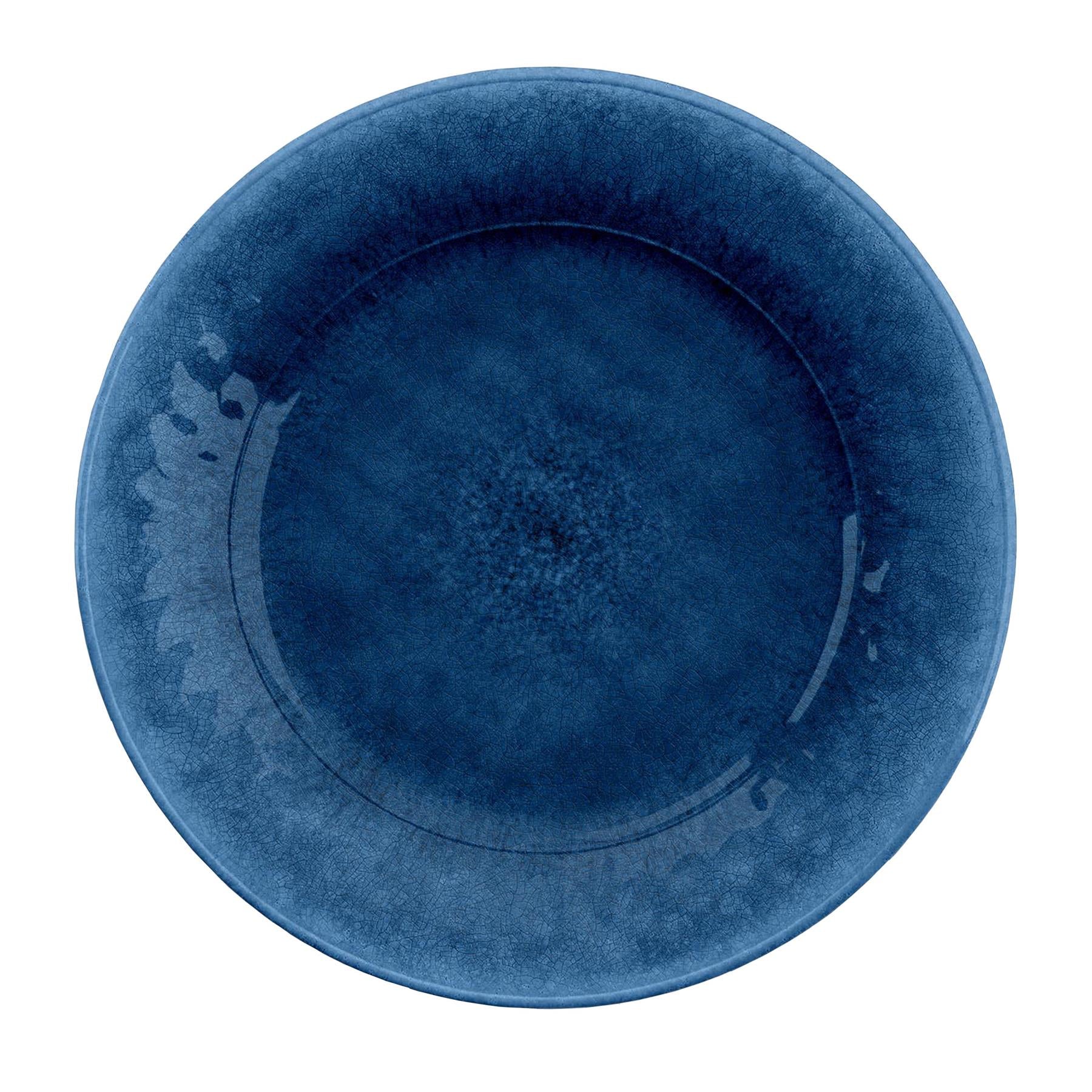 Indigo Melamine dinner plate with cracked reactive glaze finish and smooth interior