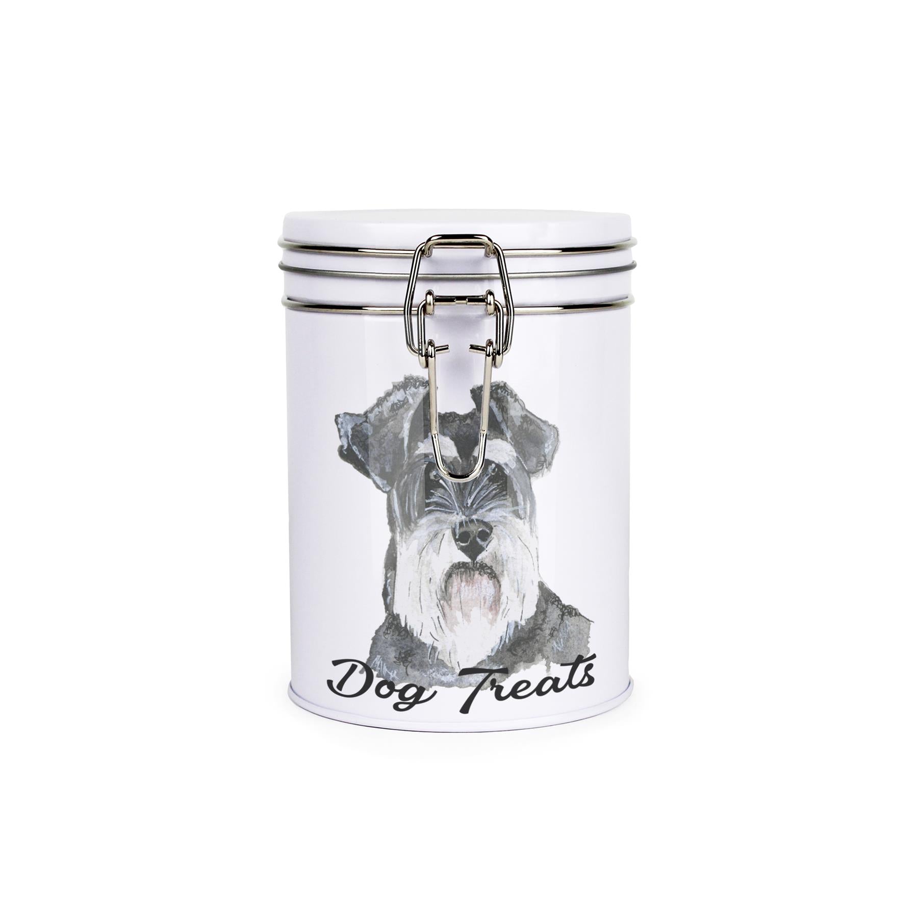 White tinplate canister with metal clip and lid featuring the face of a Schnauzer with the caption 'Dog Treats'