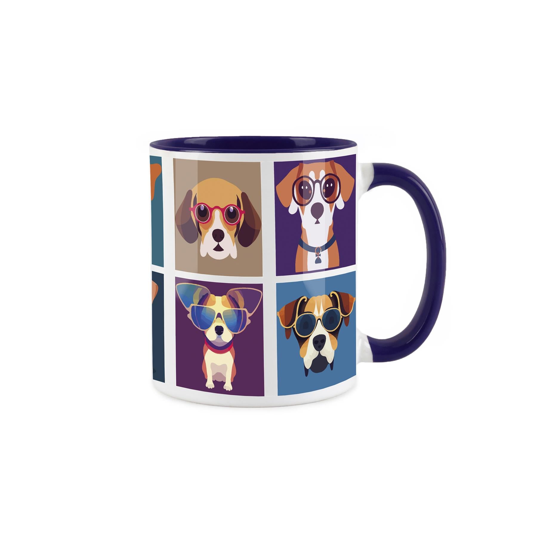 White ceramic mug with popart style depiction of colour dogs