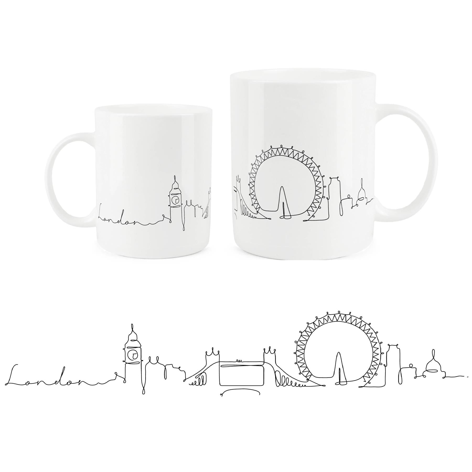 White bone china mug featuring minimalist london skyline design.