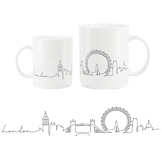 White bone china mug featuring minimalist london skyline design.