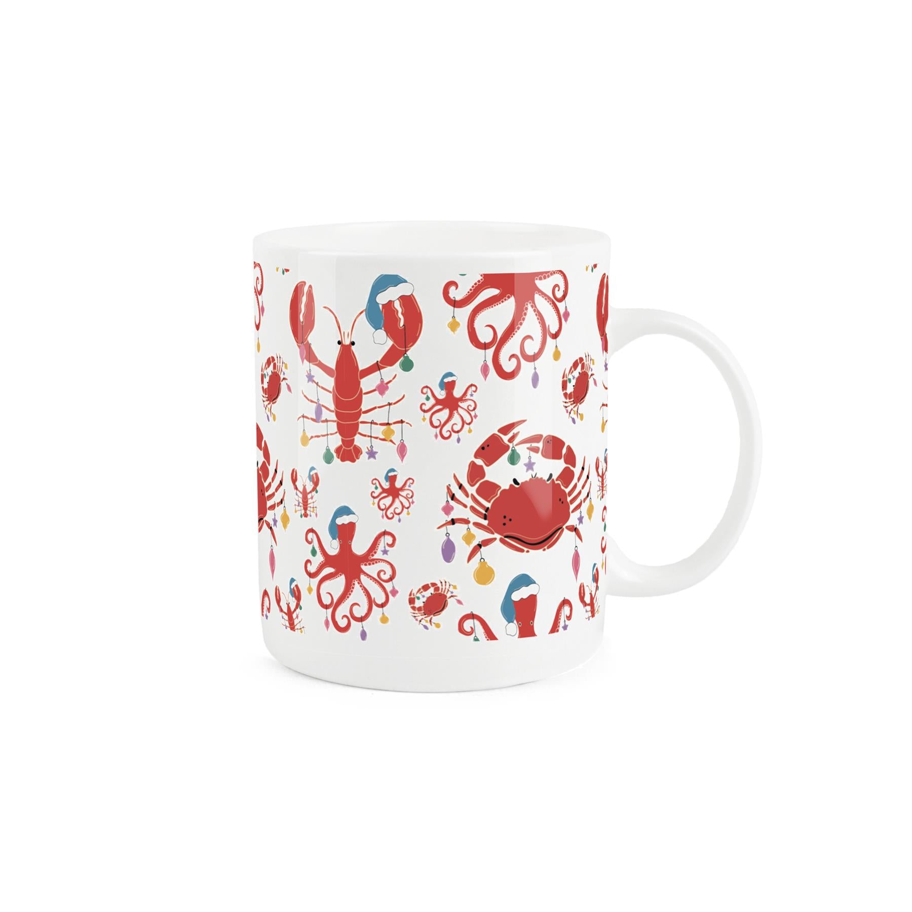 White bone china mug with colourful sea creature design