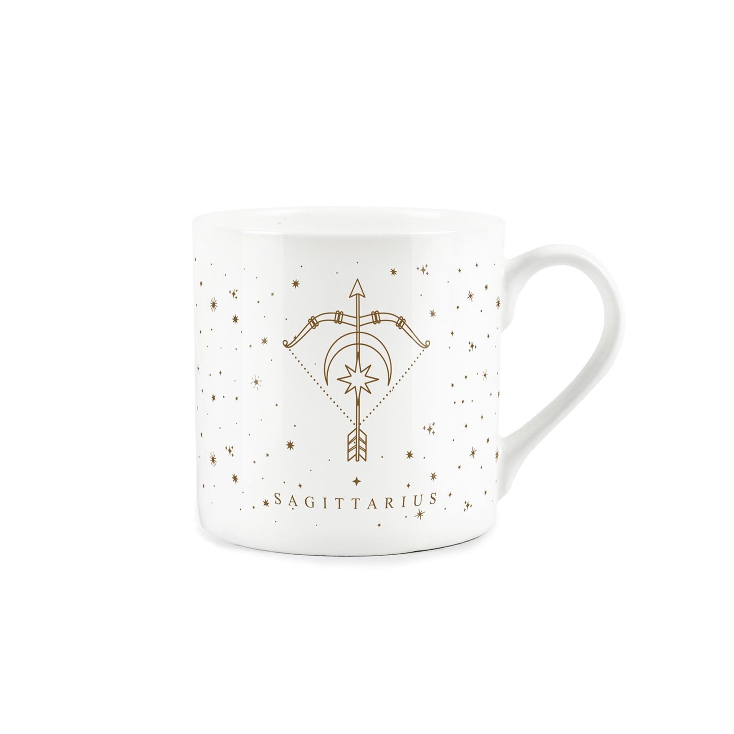 White bone china mug featuring golden stars a captivating Sagittarius zodiac design