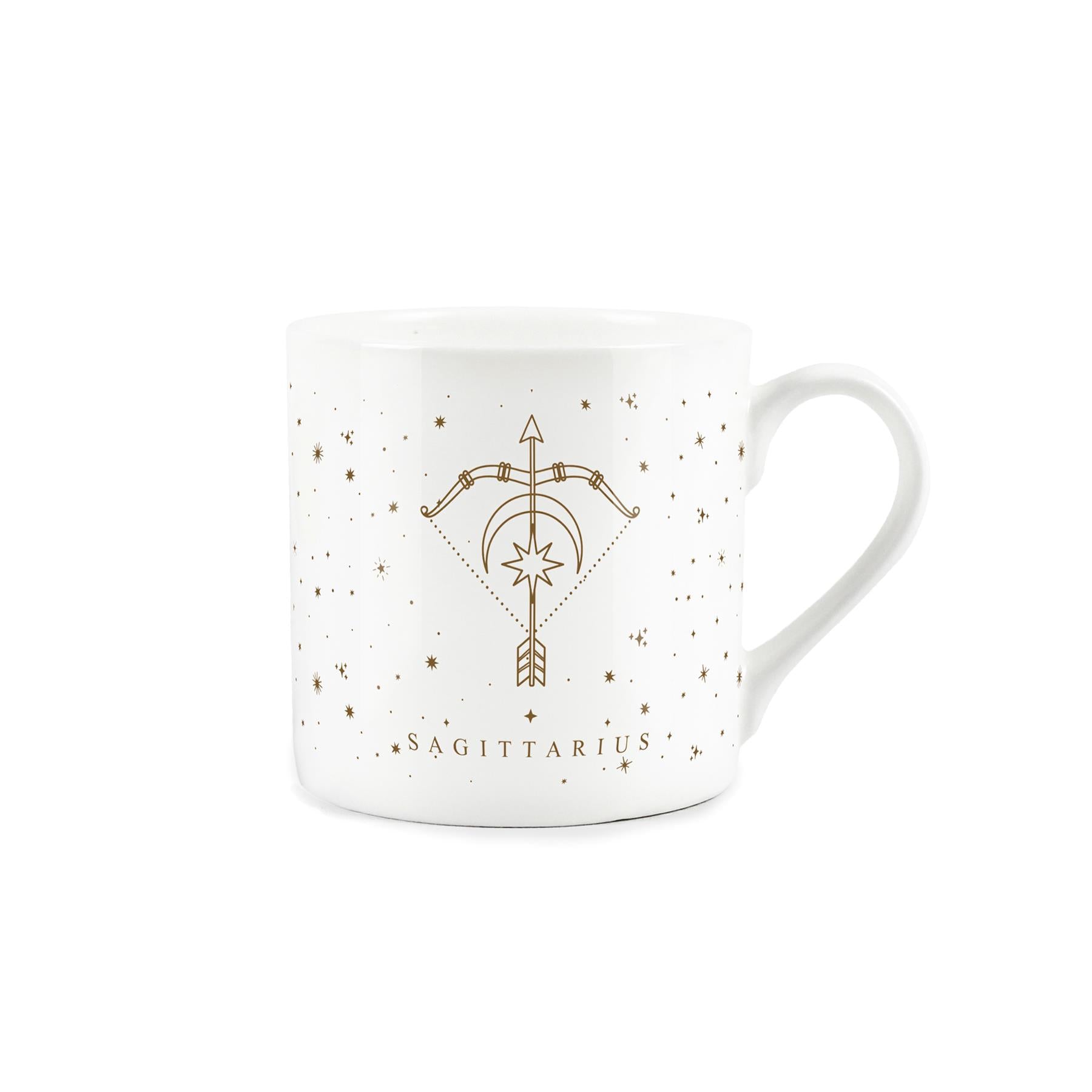 White bone china mug featuring golden stars a captivating Sagittarius zodiac design