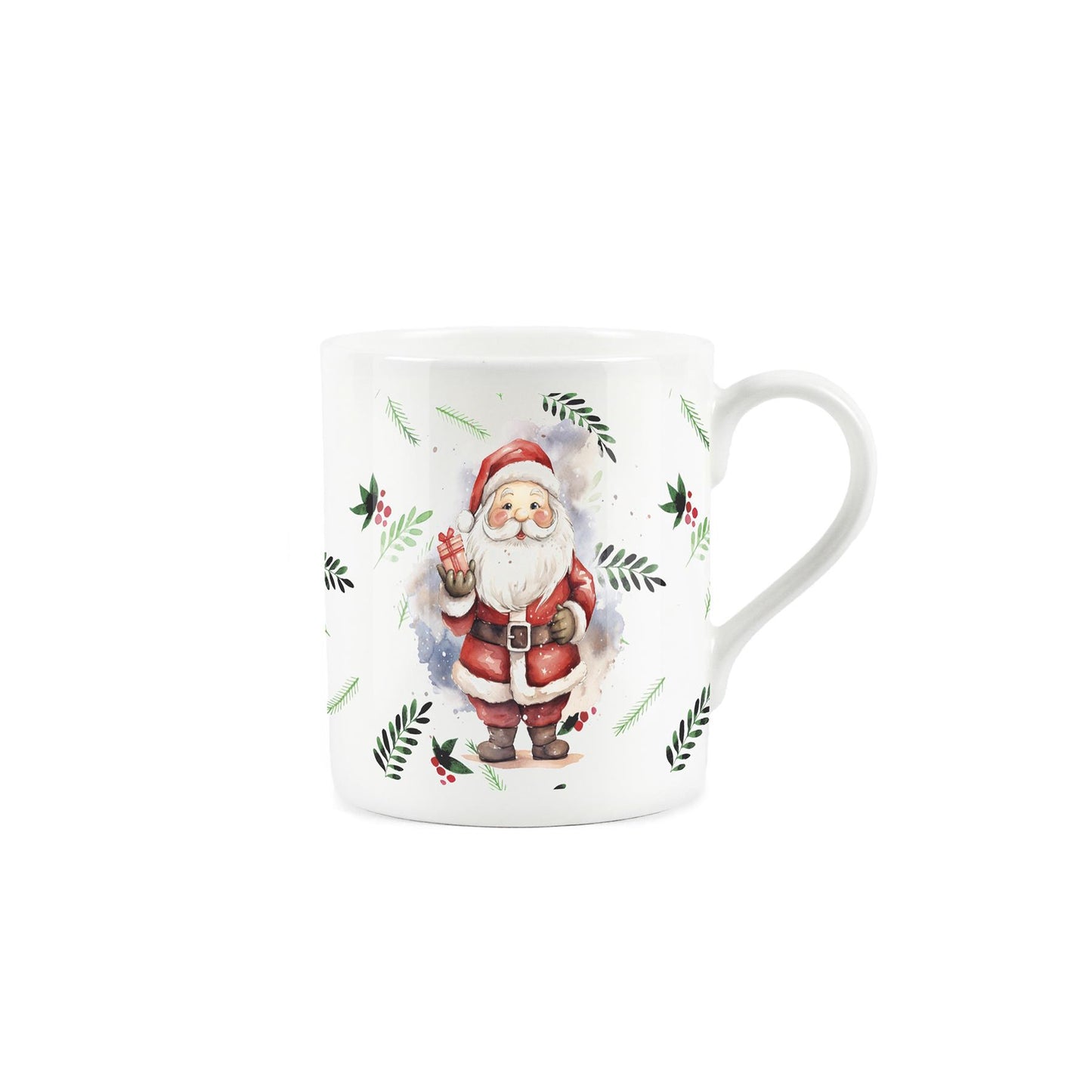 Cute cartoon depiction of Santa surrounded by festive leaves on a white mug