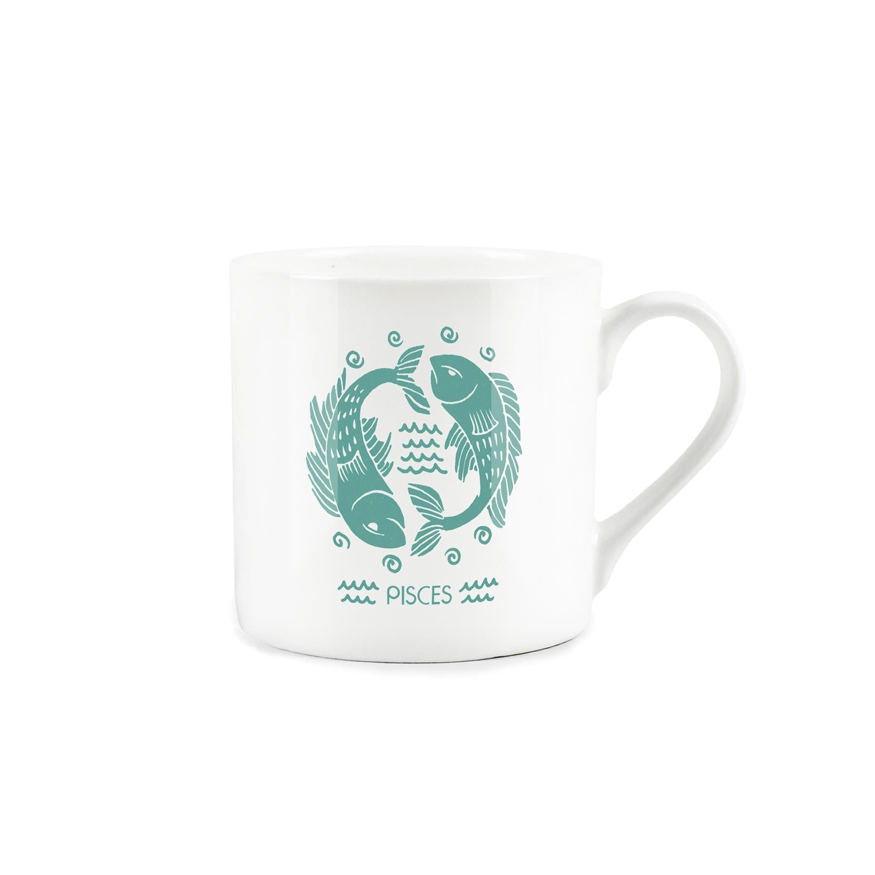 White bone china mug with colourful zodiac: turquoise pisces design
