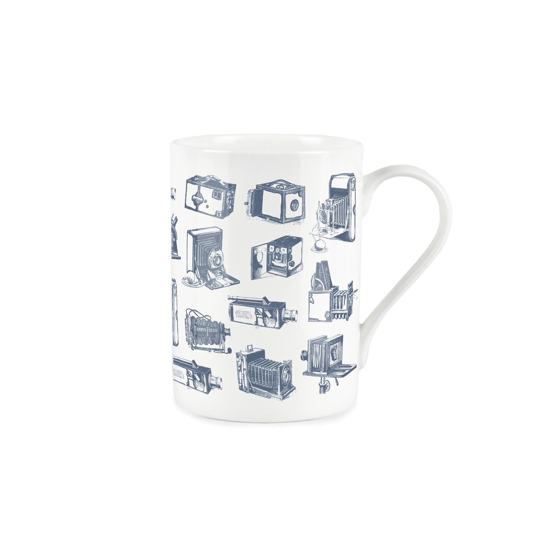 White bone china mug with vintage blue camera design