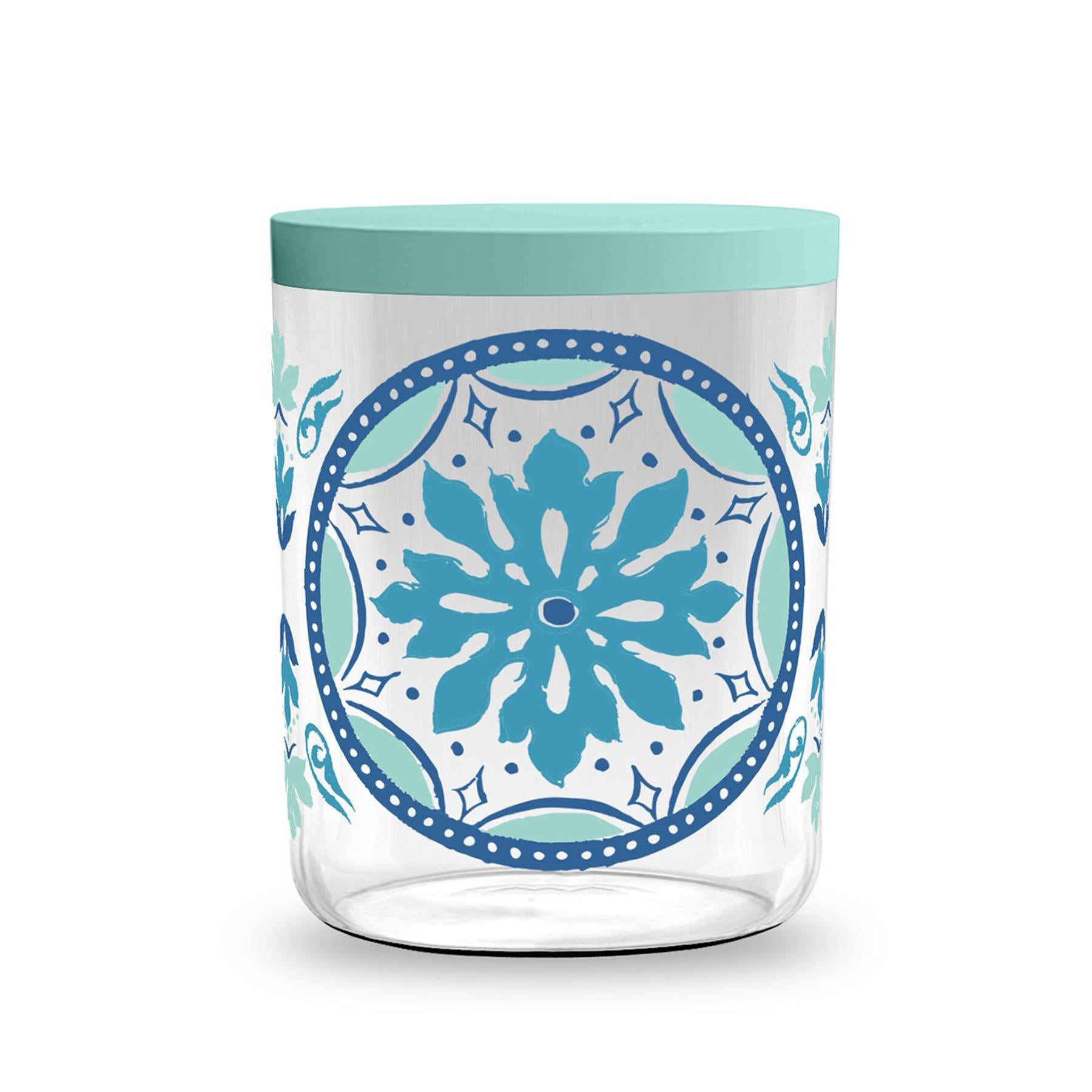 Blue and teal floral design treat jar for storing pet food.