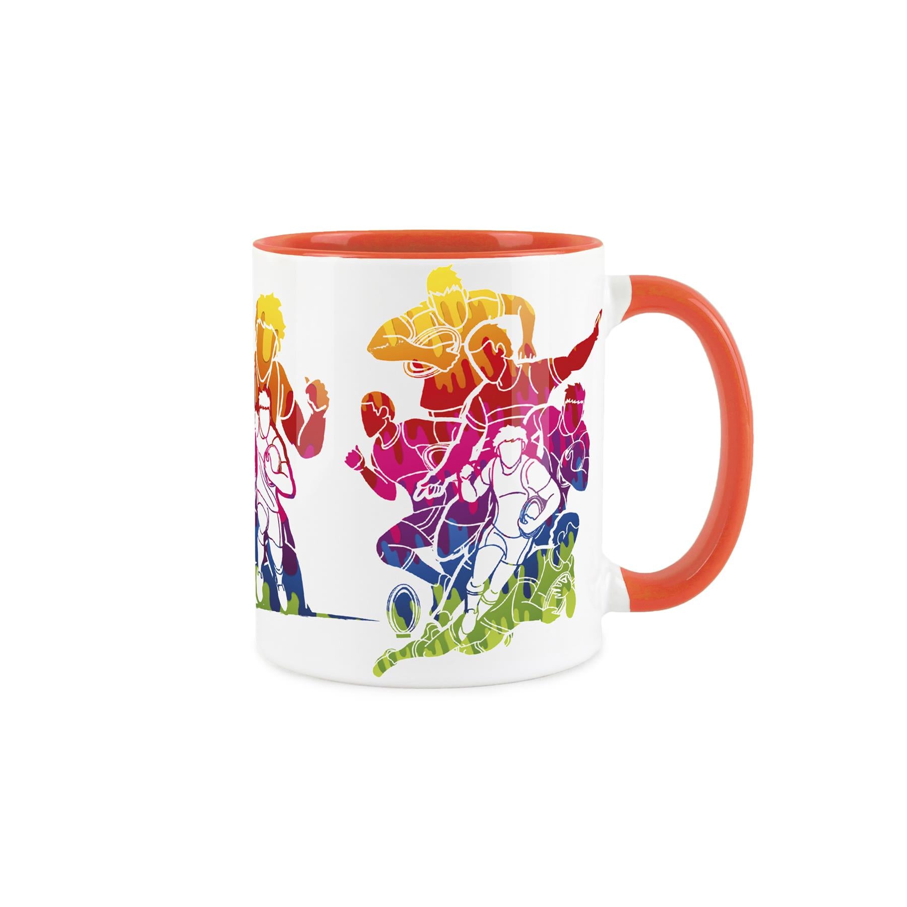 White ceramic mug featuring vibrant, paint-splattered depiction of people running