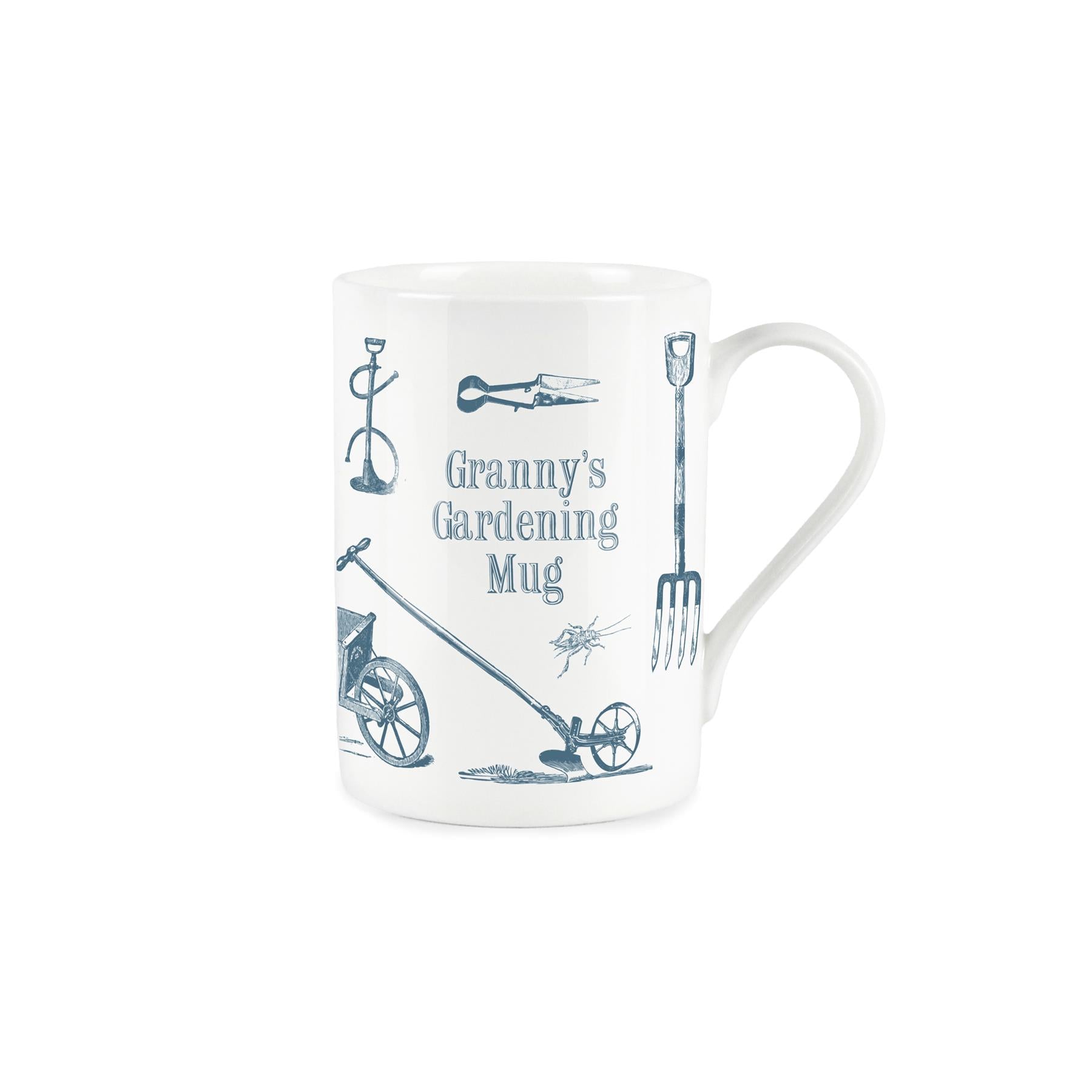 White bone china mug with vintage blue gardening design featuring 'Granny's Gardening Mug' typography and retro illustrations of gardening equipment