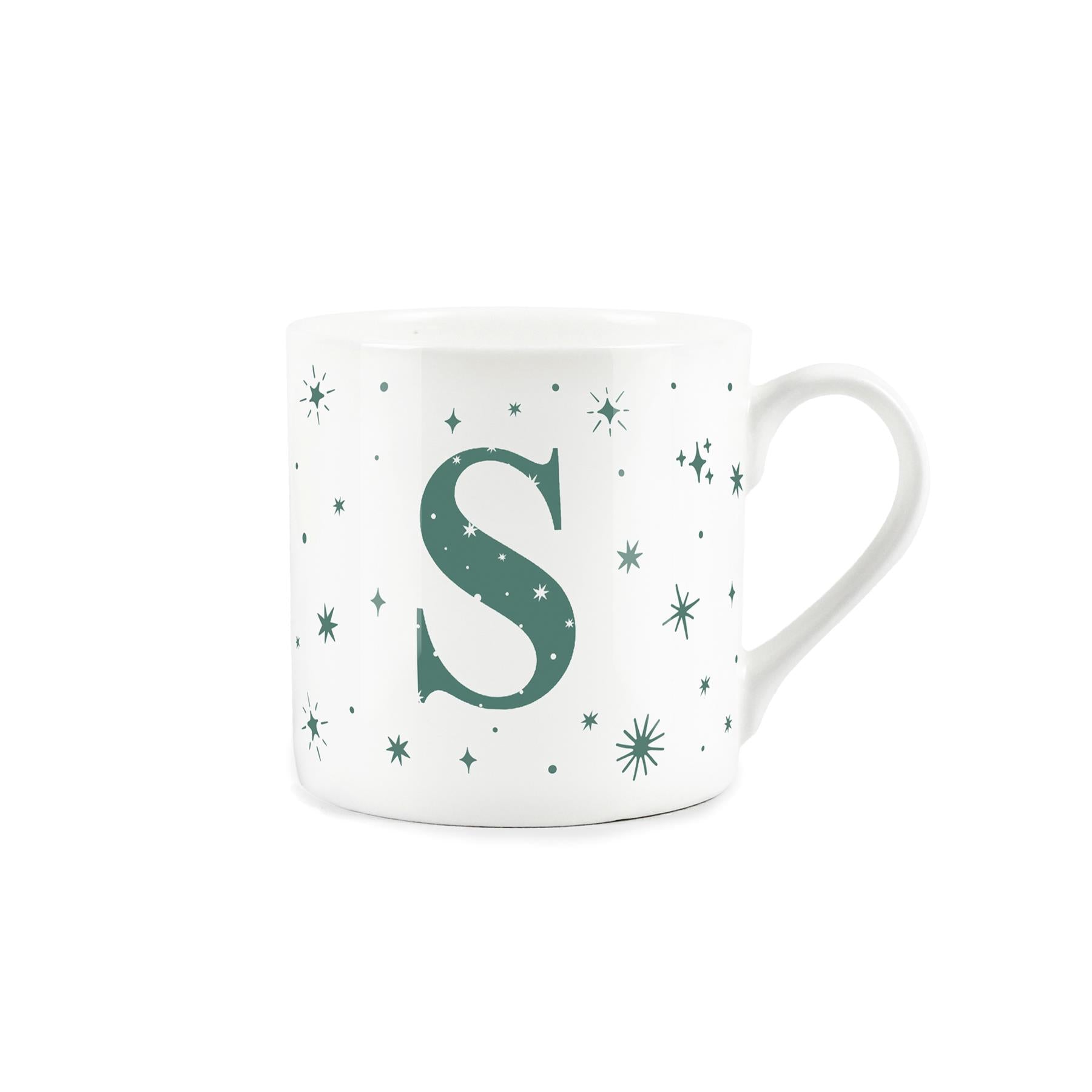 White bone china mug with green stars and letter 'S' alphabet design