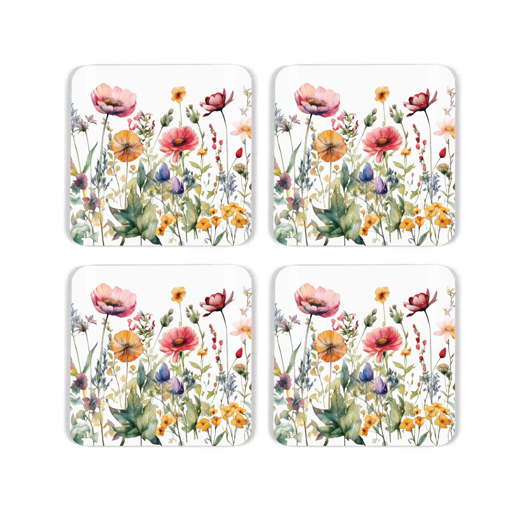Watercolour depictions of wildflowers on set of four white cork coasters