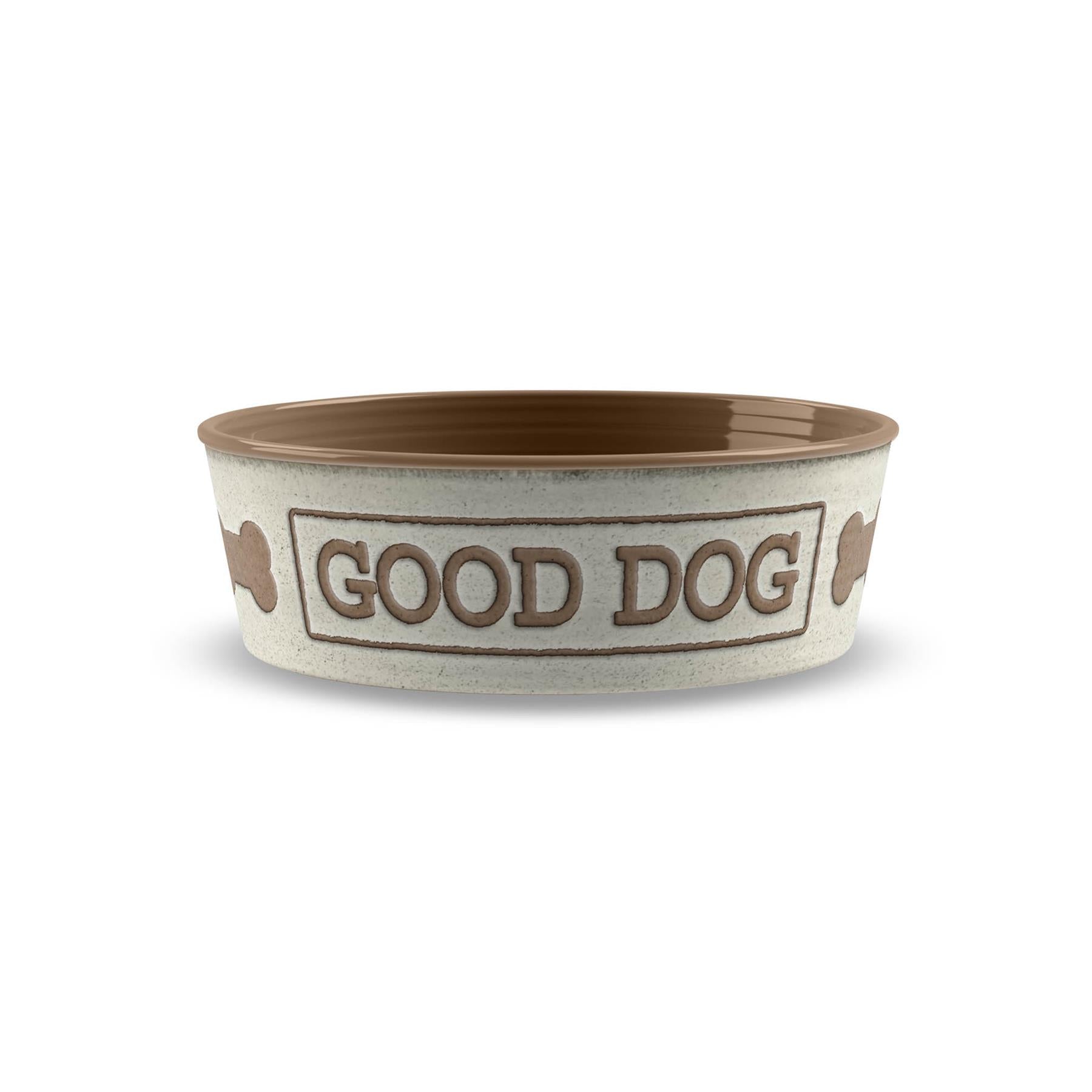 Lightweight melamine medium pet bowl with natural cream bone print.