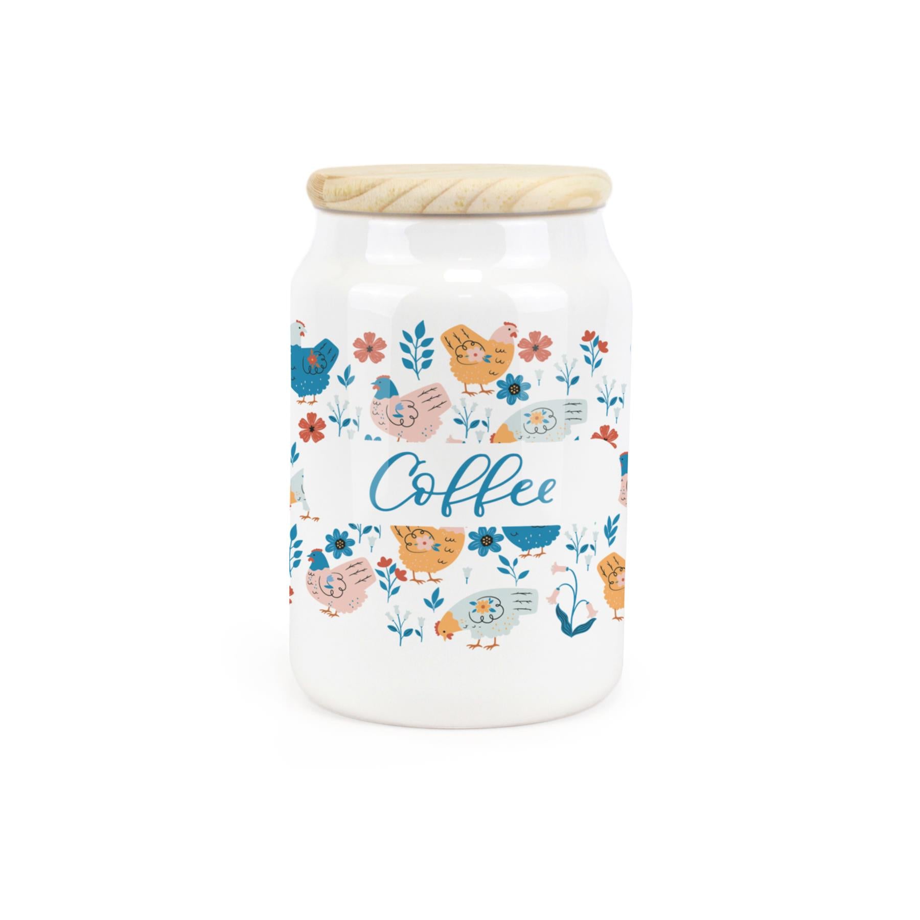 White ceramic canister featuring waddling ducks and floral design.