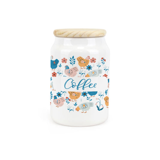 White ceramic canister featuring waddling ducks and floral design.